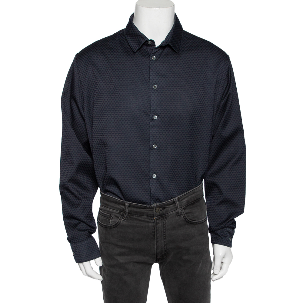 Giorgio Armani Navy Blue & Grey Printed Cotton Button Front Shirt 4XL