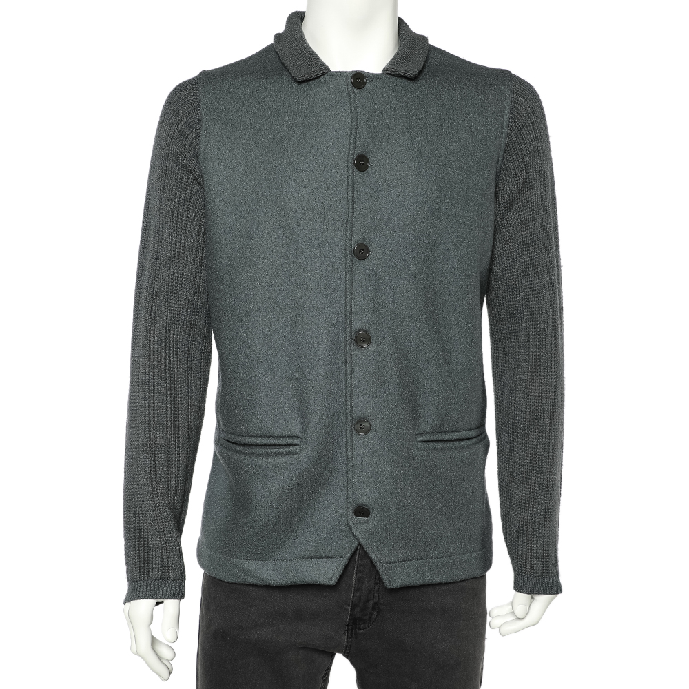 Giorgio armani grey wool & knit sleeve detail button front jacket xl