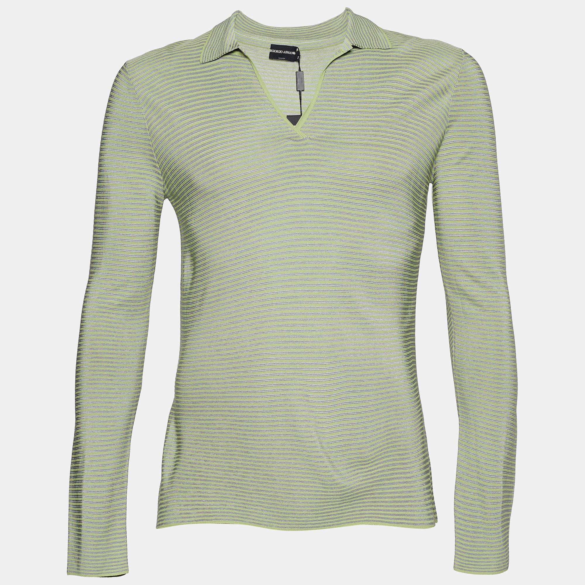 Giorgio Armani Green Striped Knit Long Sleeve Sweater S