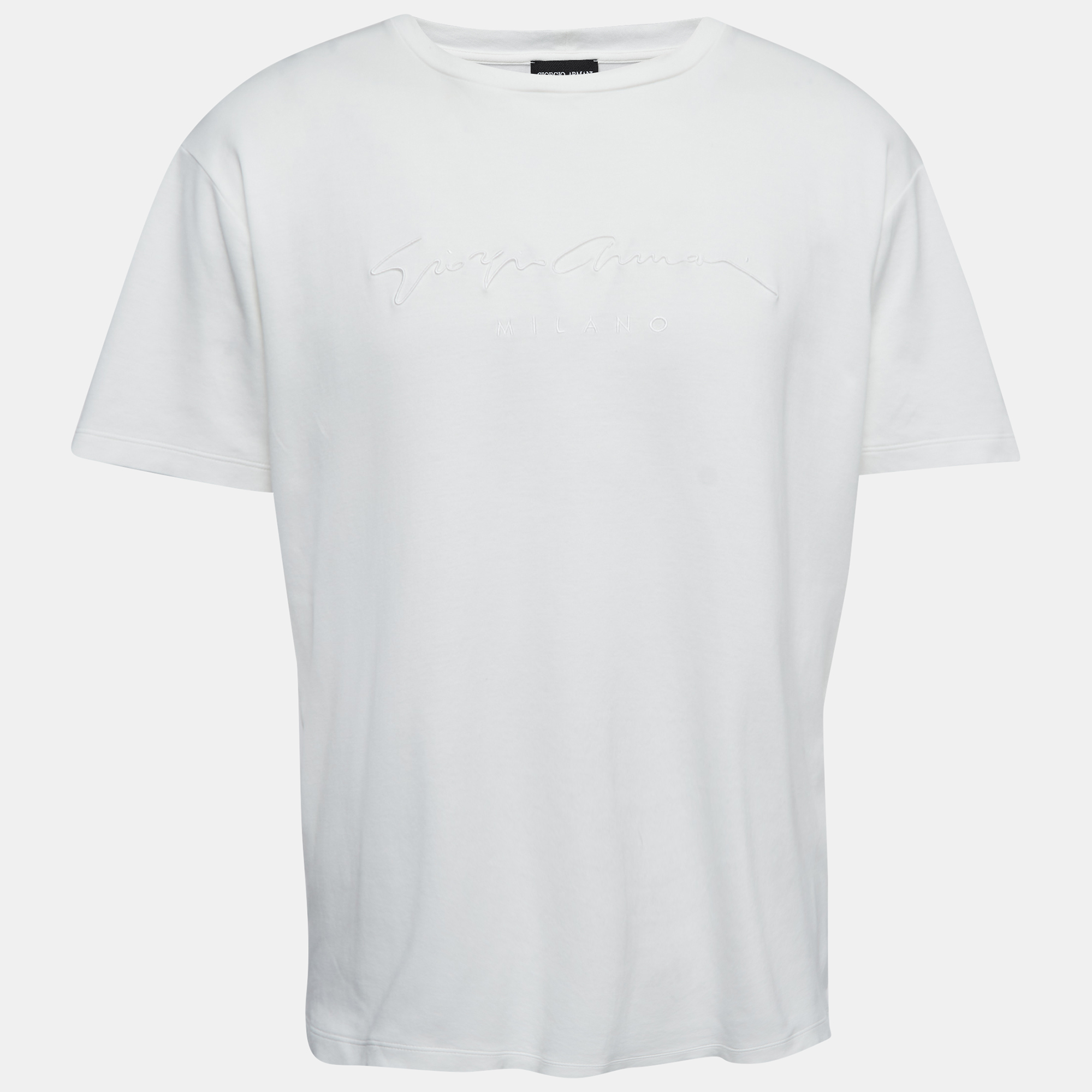 Giorgio Armani White Cotton Signature Logo Embroidered T-Shirt XL