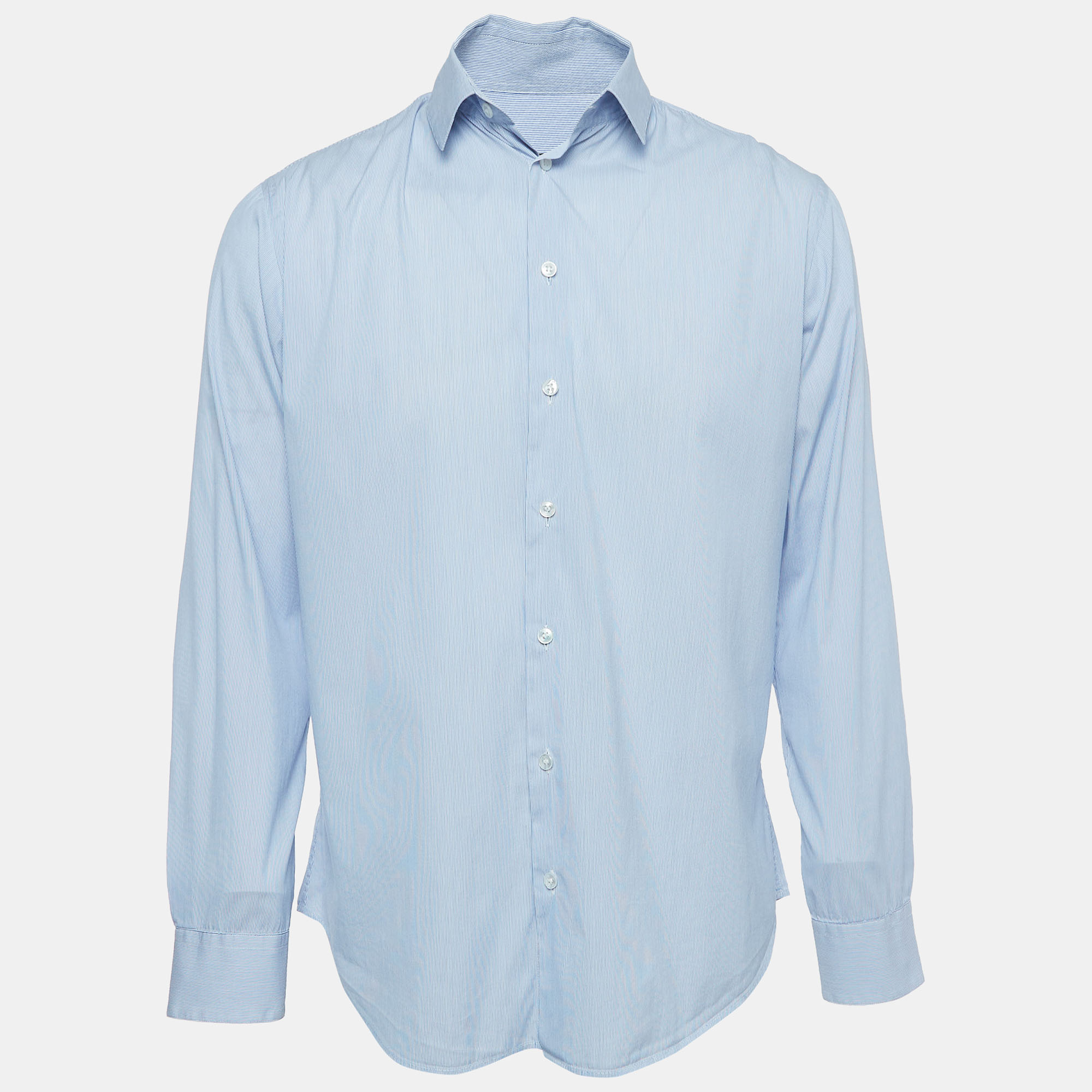 Giorgio Armani Blue Striped Cotton Button Front Shirt M