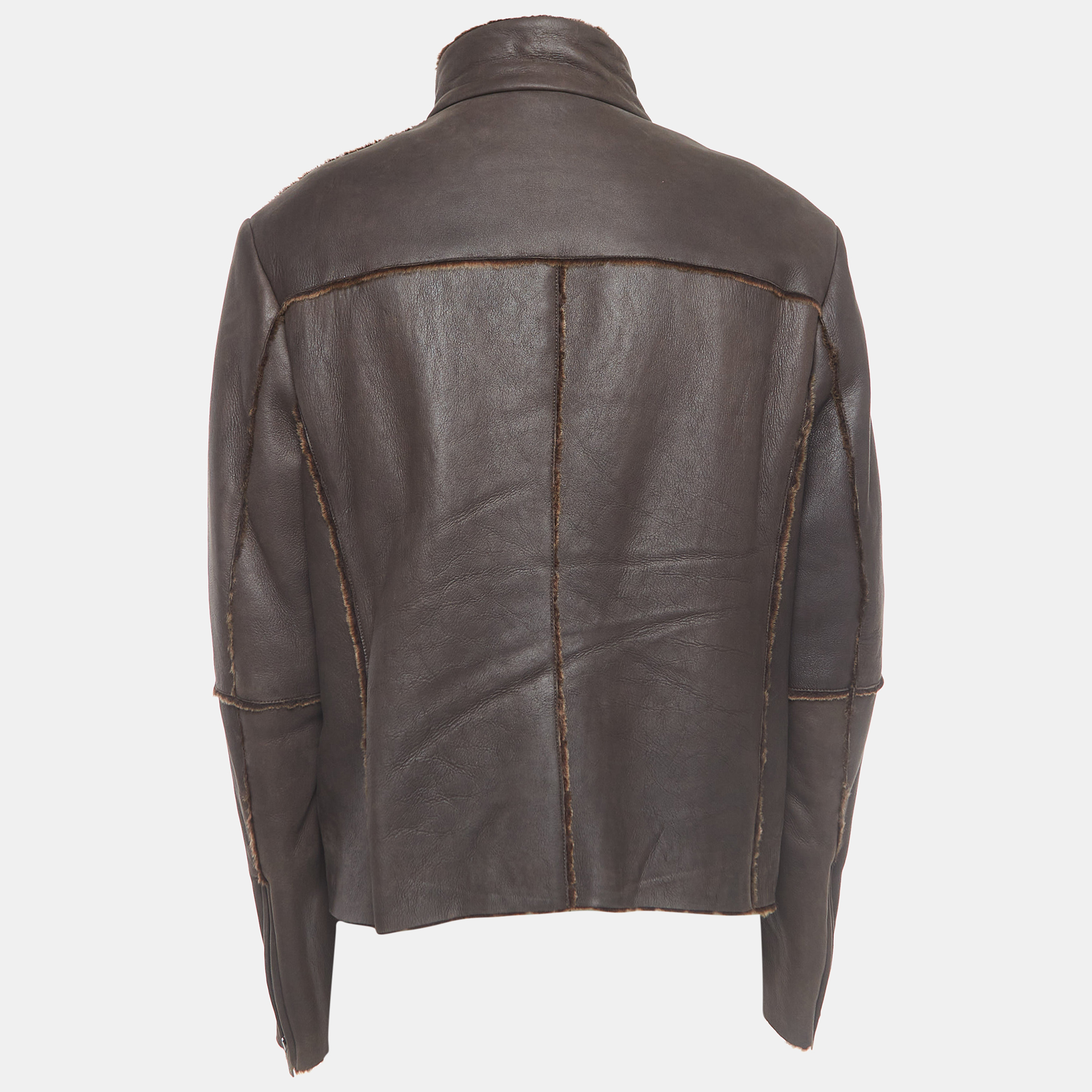 Giorgio Armani Brown Leather And Fur Zipper Jacket XXL