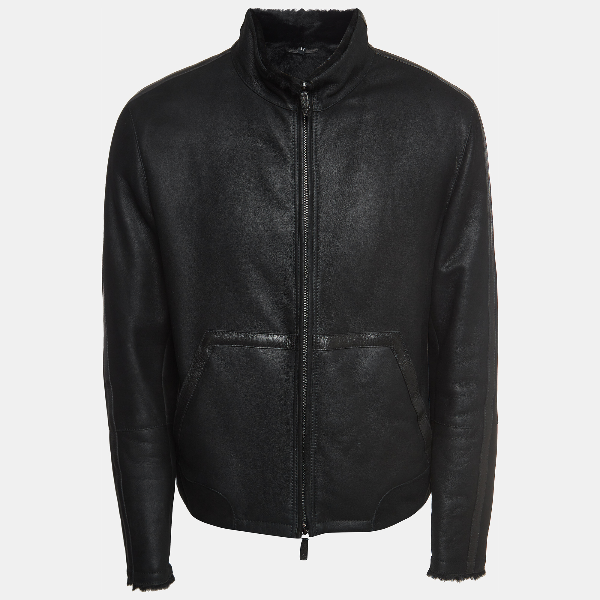 Giorgio Armani Black Leather And Fur Zipper Jacket XL