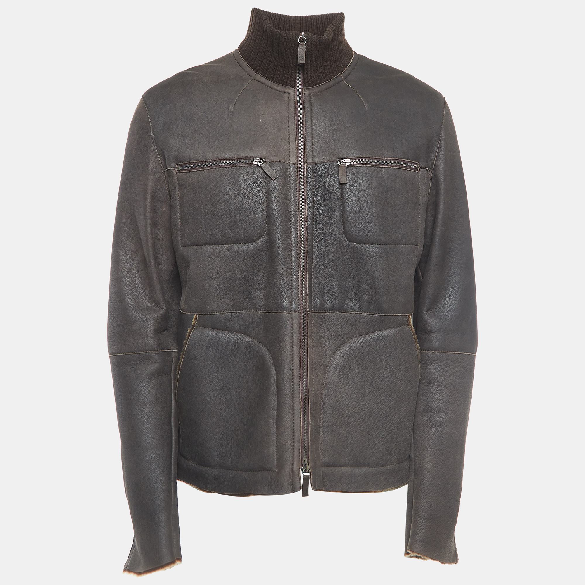 Giorgio Armani Brown Leather Zipper Jacket XXL
