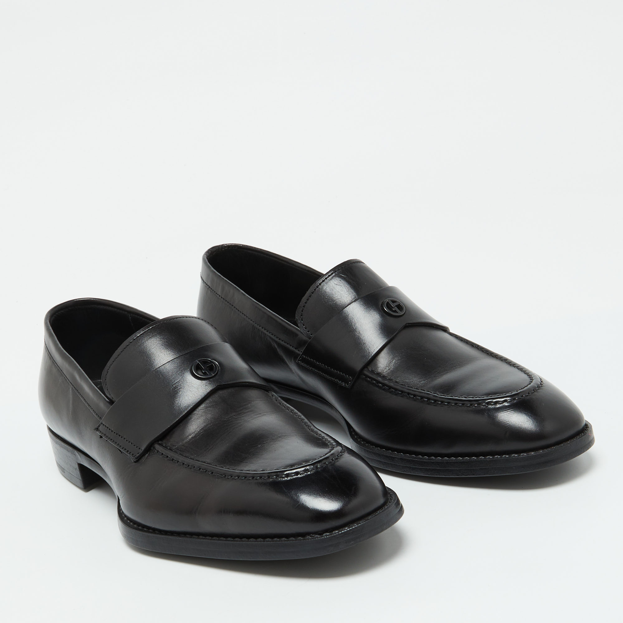 Giorgio Armani Black Leather Logo Slip On Loafers Size 38