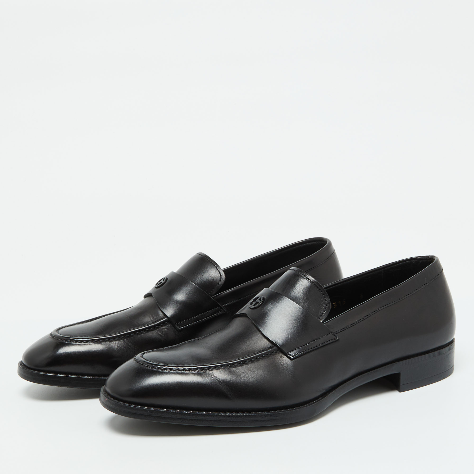 Giorgio Armani Black Leather Logo Slip On Loafers Size 38