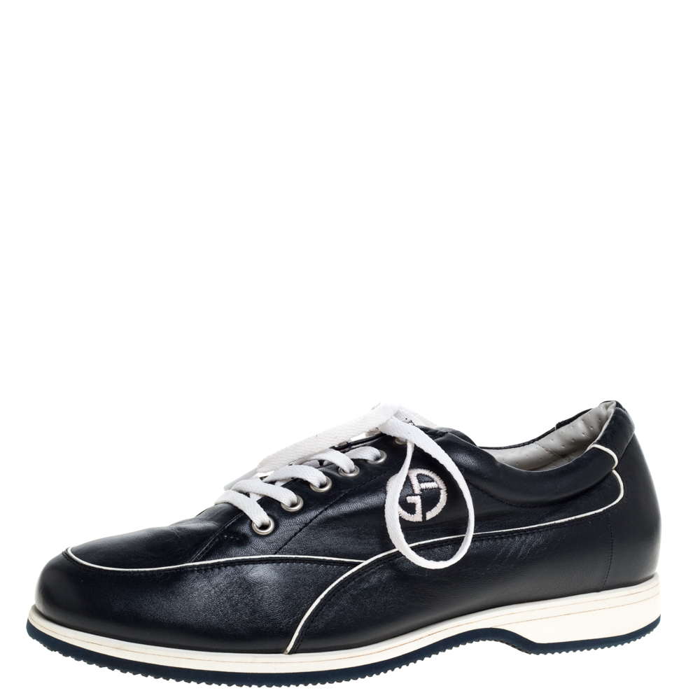 Image of Giorgio Armani Dark Blue Leather Lace Low Top Sneakers Size