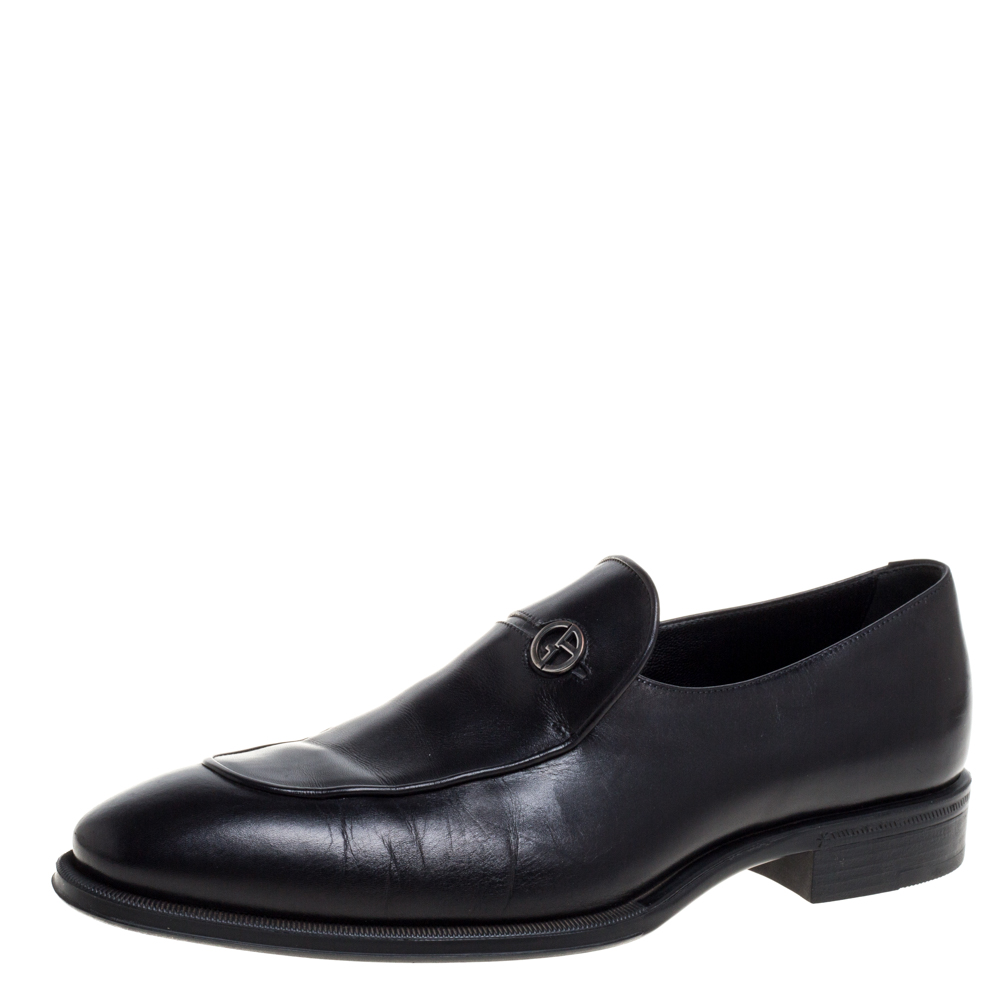 Image of Giorgio Armani Black Leather Slip On Loafers Size