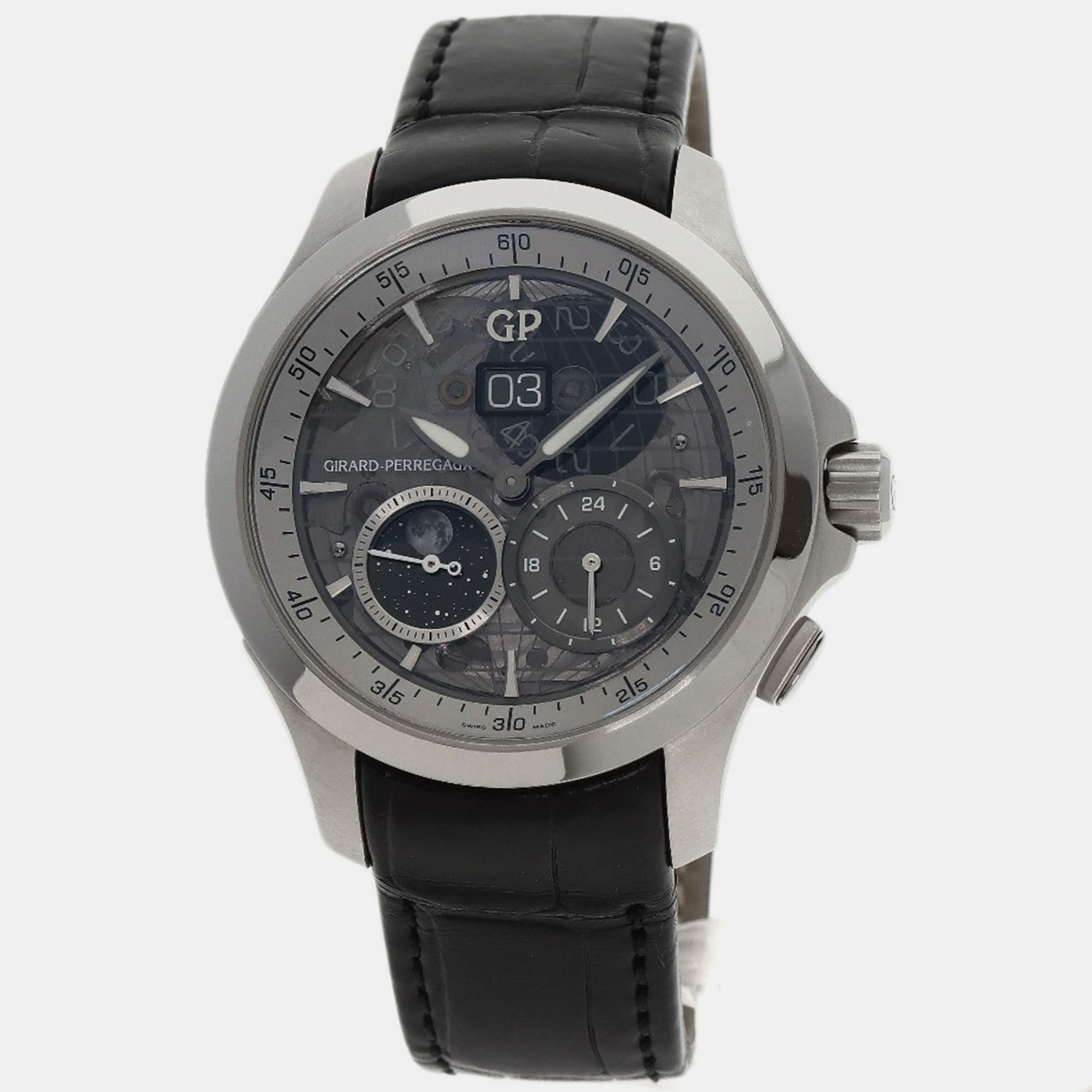 Girard perregaux silver stainless steel traveler 49655-11-231-bb6a men's wristwatch 44mm