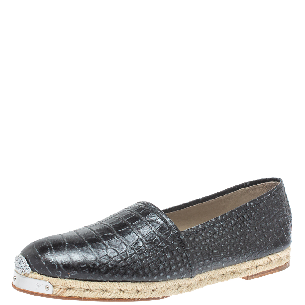 Image of Giuseppe Zanotti Black Croc Embossed Leather Espadrille Slip On Loafers Size