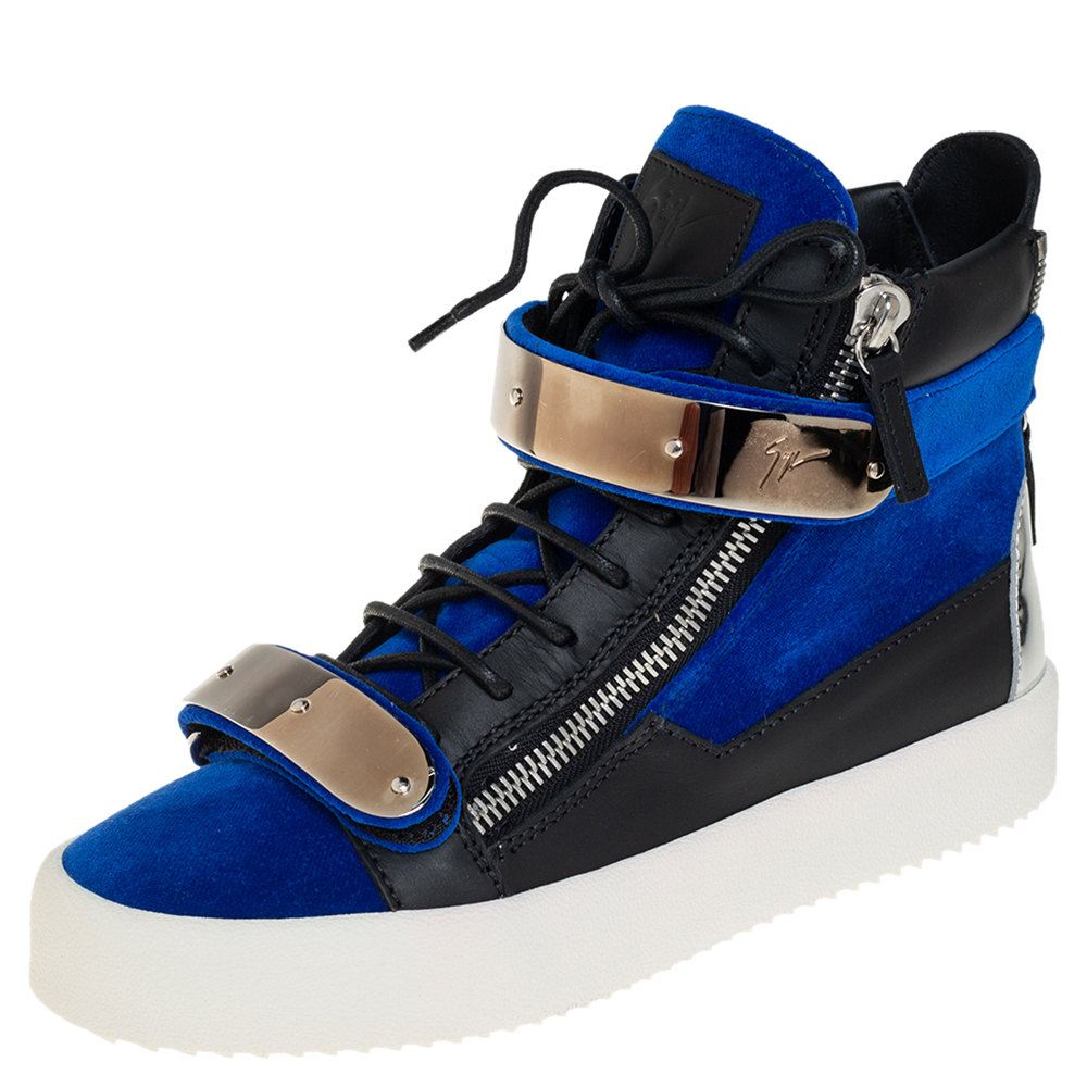 Giuseppe Zanotti Blue/Black Velvet And Leather Coby High Top Sneakers Size 40