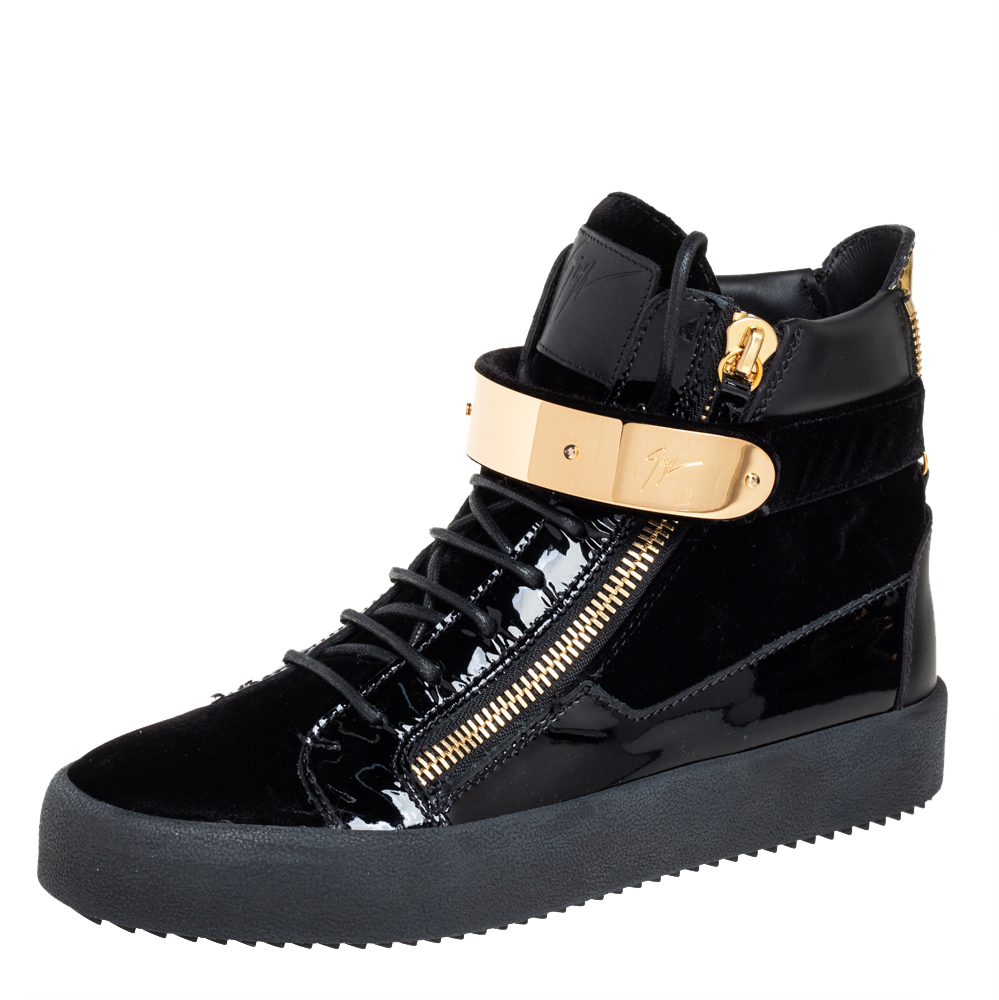 Giuseppe Zanotti Black Velvet And Patent Leather Coby High Top Sneakers Size 40