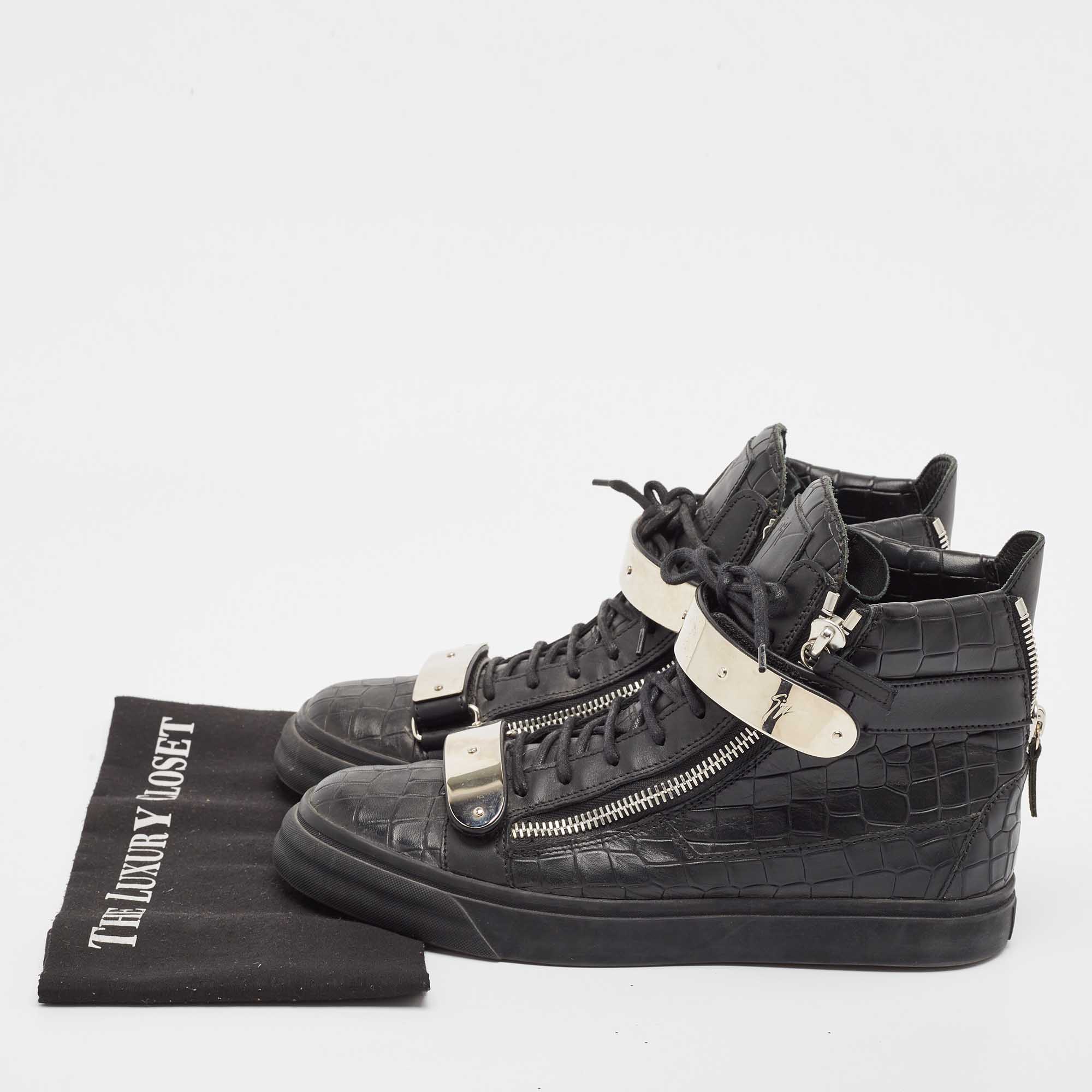 Giuseppe Zanotti Black Croc Embossed Leather Coby High Top Sneakers Size 43.5