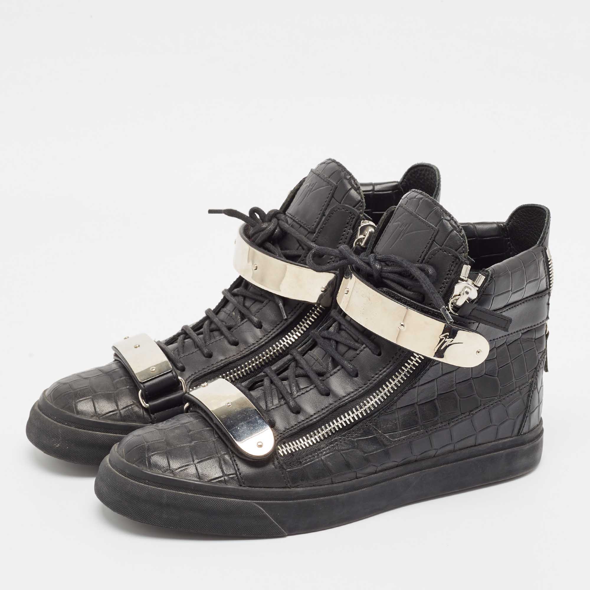 Giuseppe Zanotti Black Croc Embossed Leather Coby High Top Sneakers Size 43.5