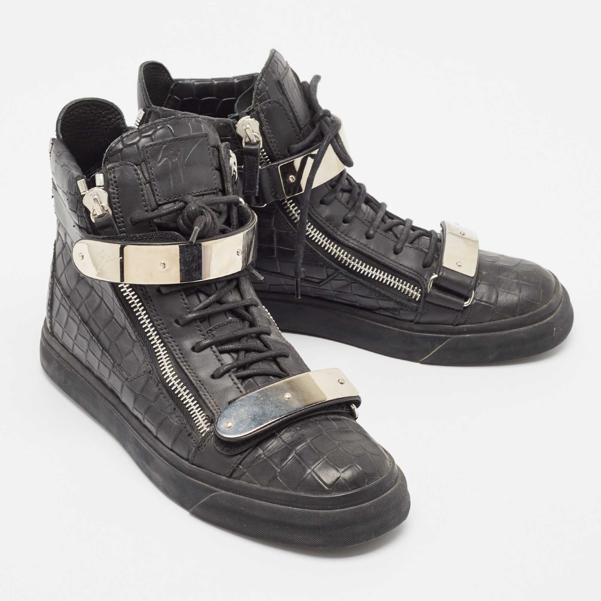 Giuseppe Zanotti Black Croc Embossed Leather Coby High Top Sneakers Size 43.5