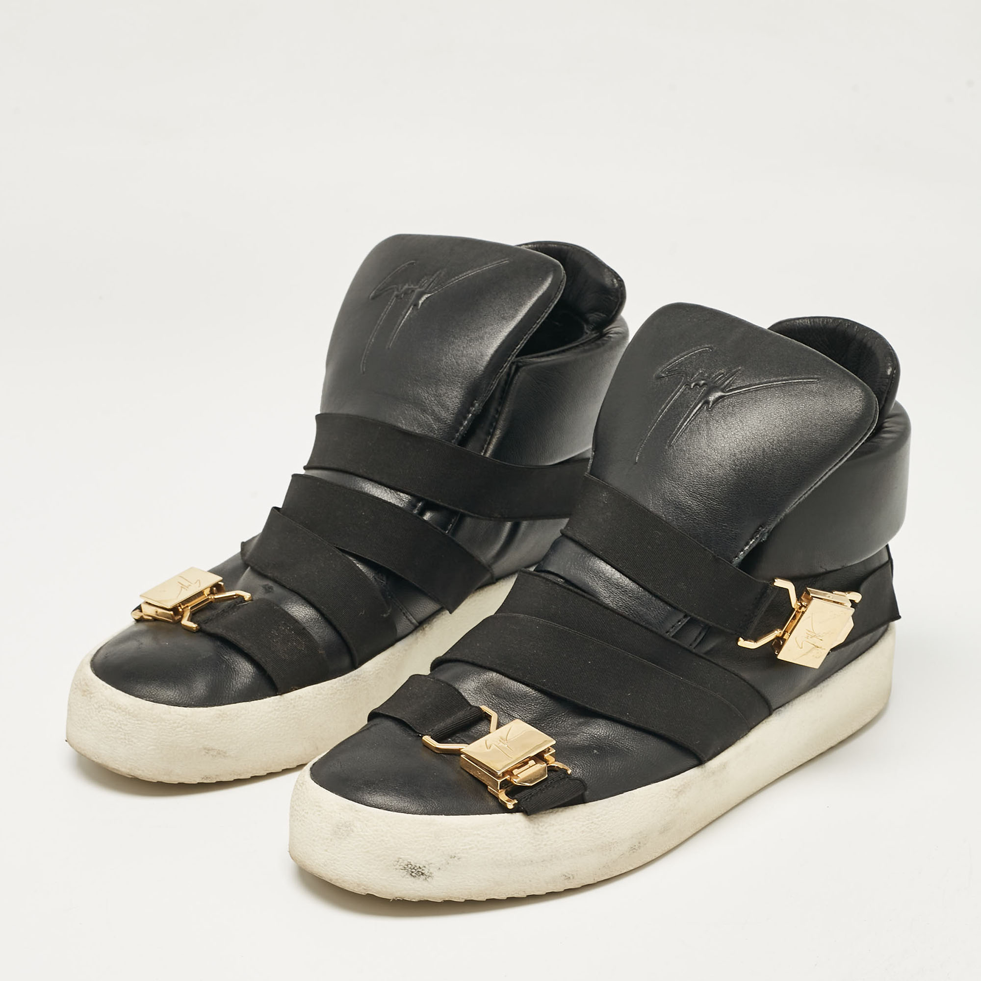 Giuseppe Zanotti Black Leather Double Buckle High Top Sneakers Size 43