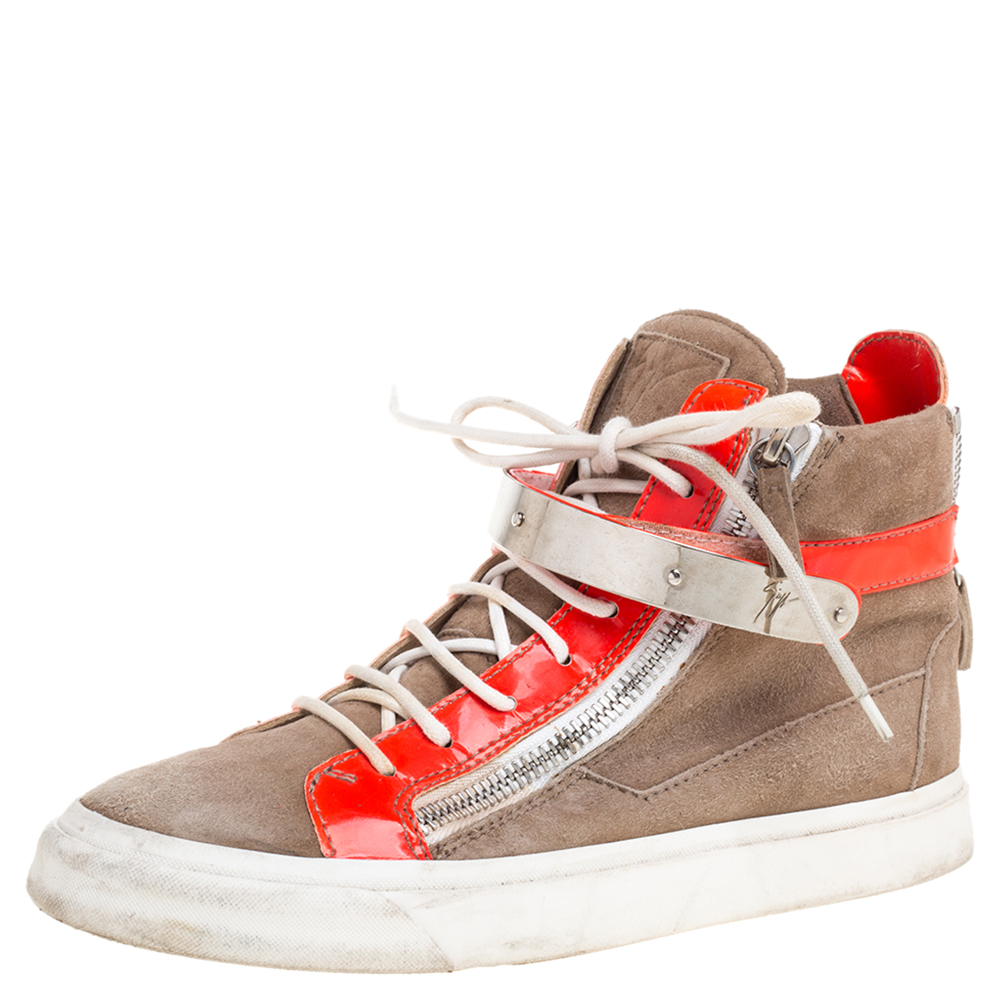 Image of Giuseppe Zanotti Beige/Neon Orange Suede and Patent Leather Coby High Top Sneakers Size