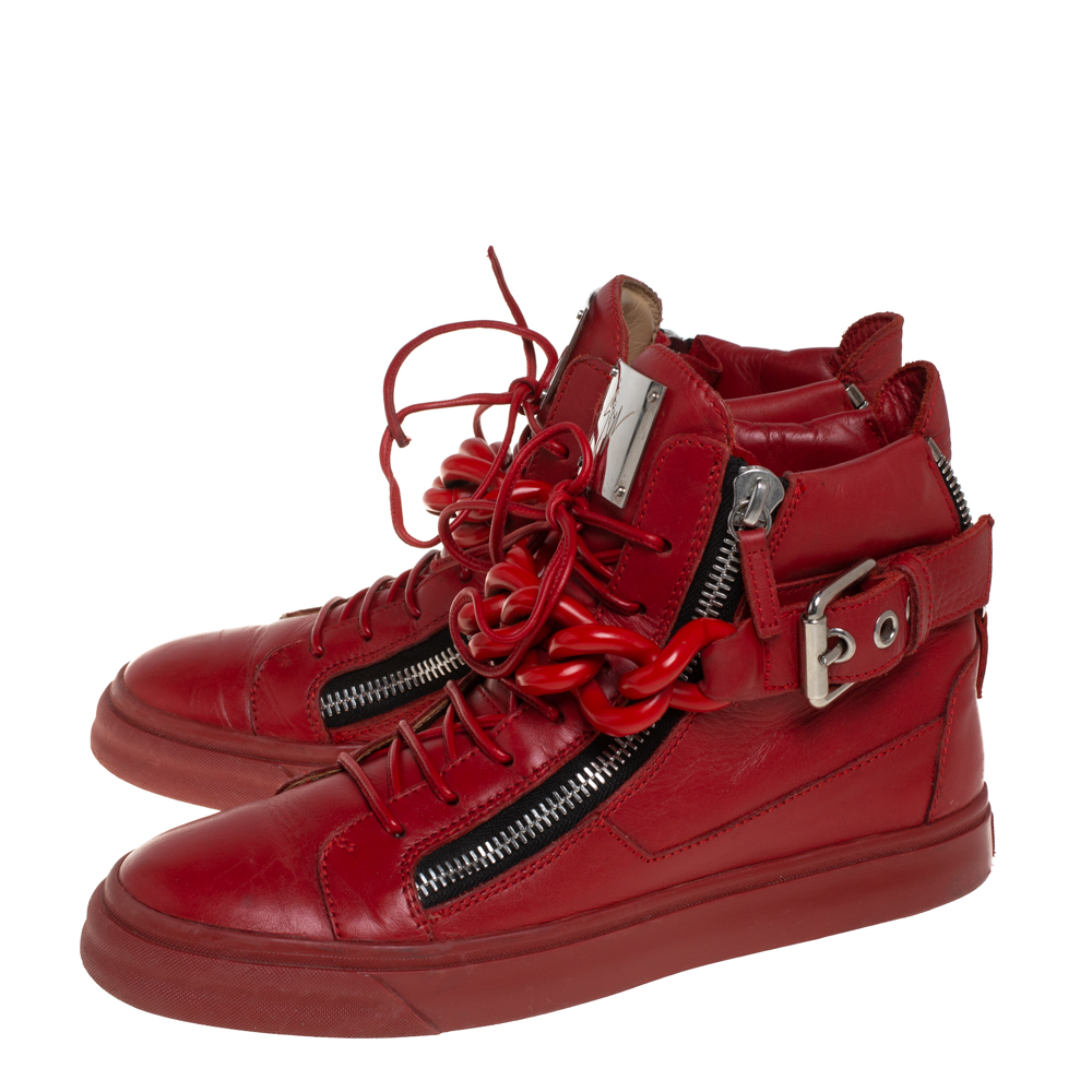 Giuseppe Zanotti Red Leather Chain Detail High Top Sneakers Size 40