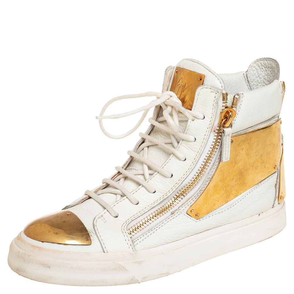 Giuseppe Zanotti White Leather Metal Embellished Double Chain High Top Sneakers Size 39