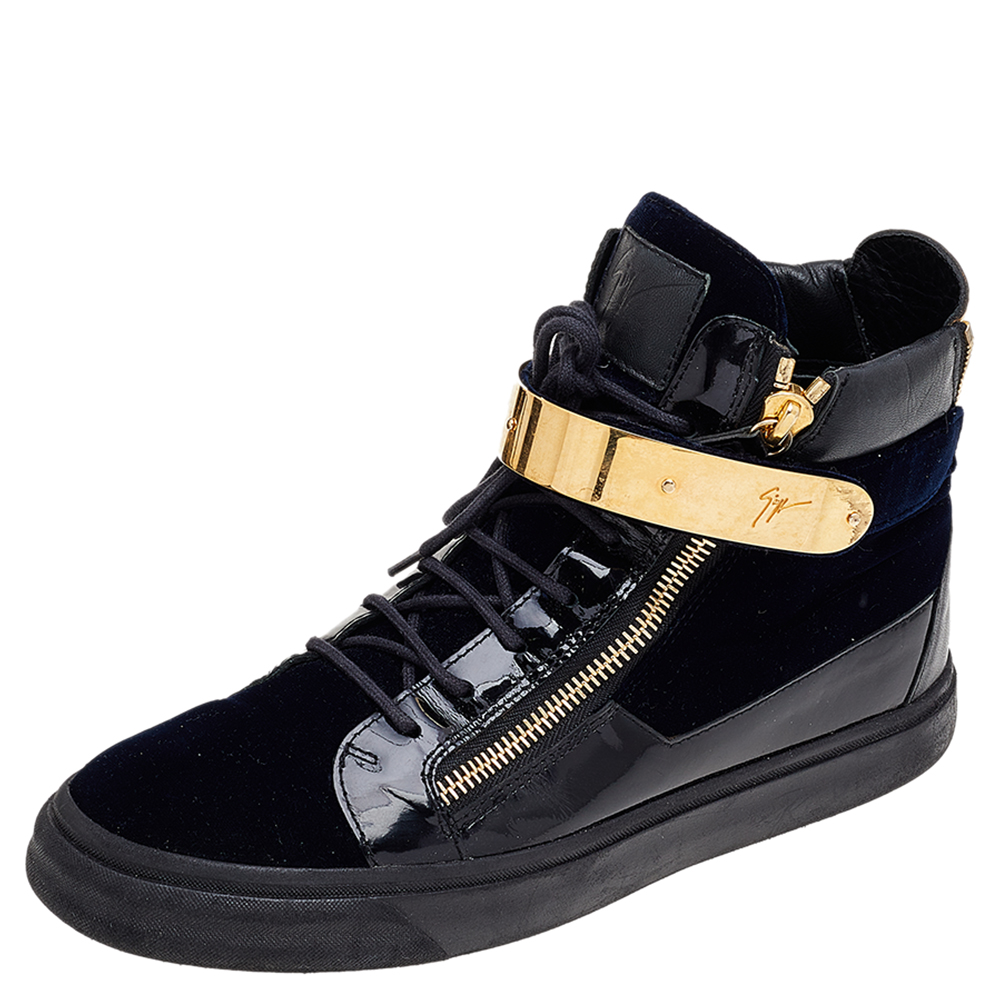 Giuseppe zanotti navy blue/black velvet and leather coby high top sneakers size 43