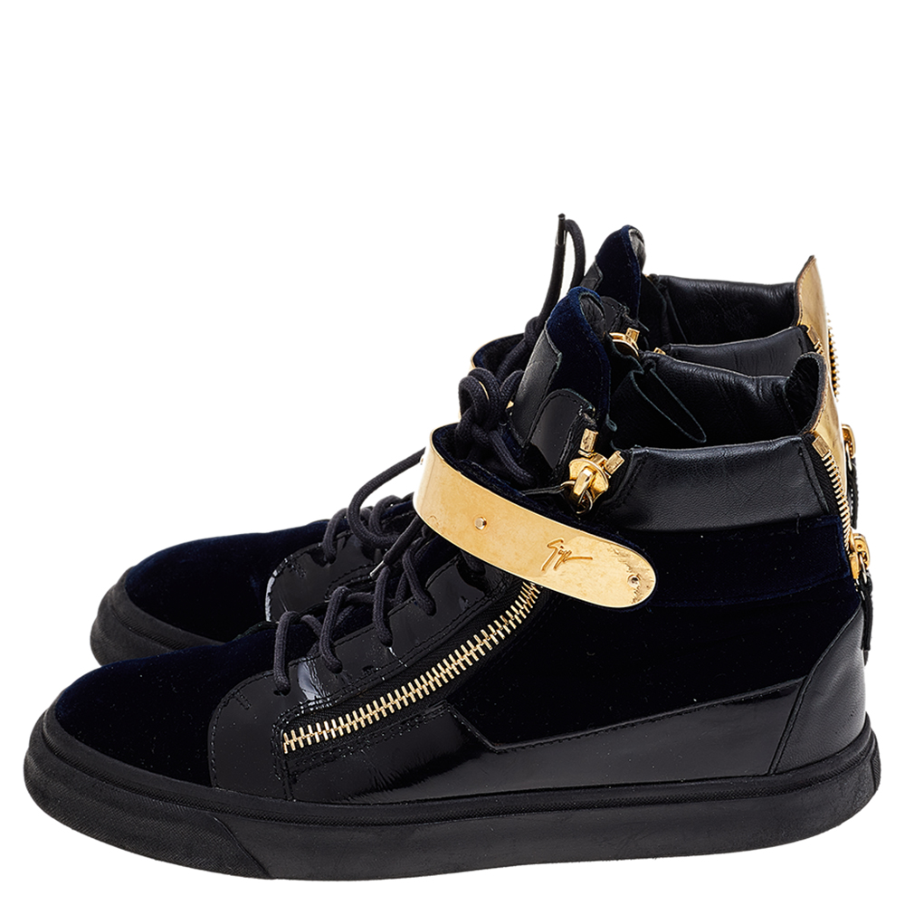 Giuseppe Zanotti Navy Blue/Black Velvet And Leather Coby High Top Sneakers Size 43