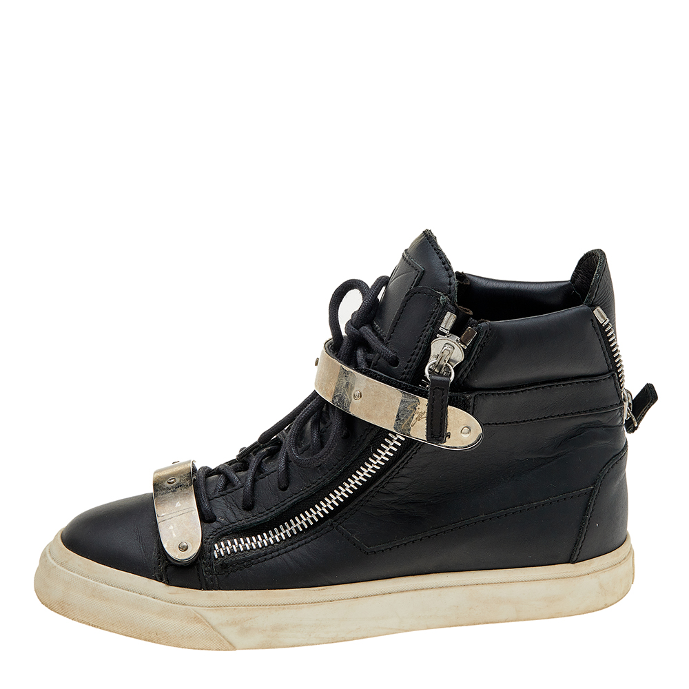 Giuseppe Zanotti Black Leather Double Chain High Top Sneakers Size 38