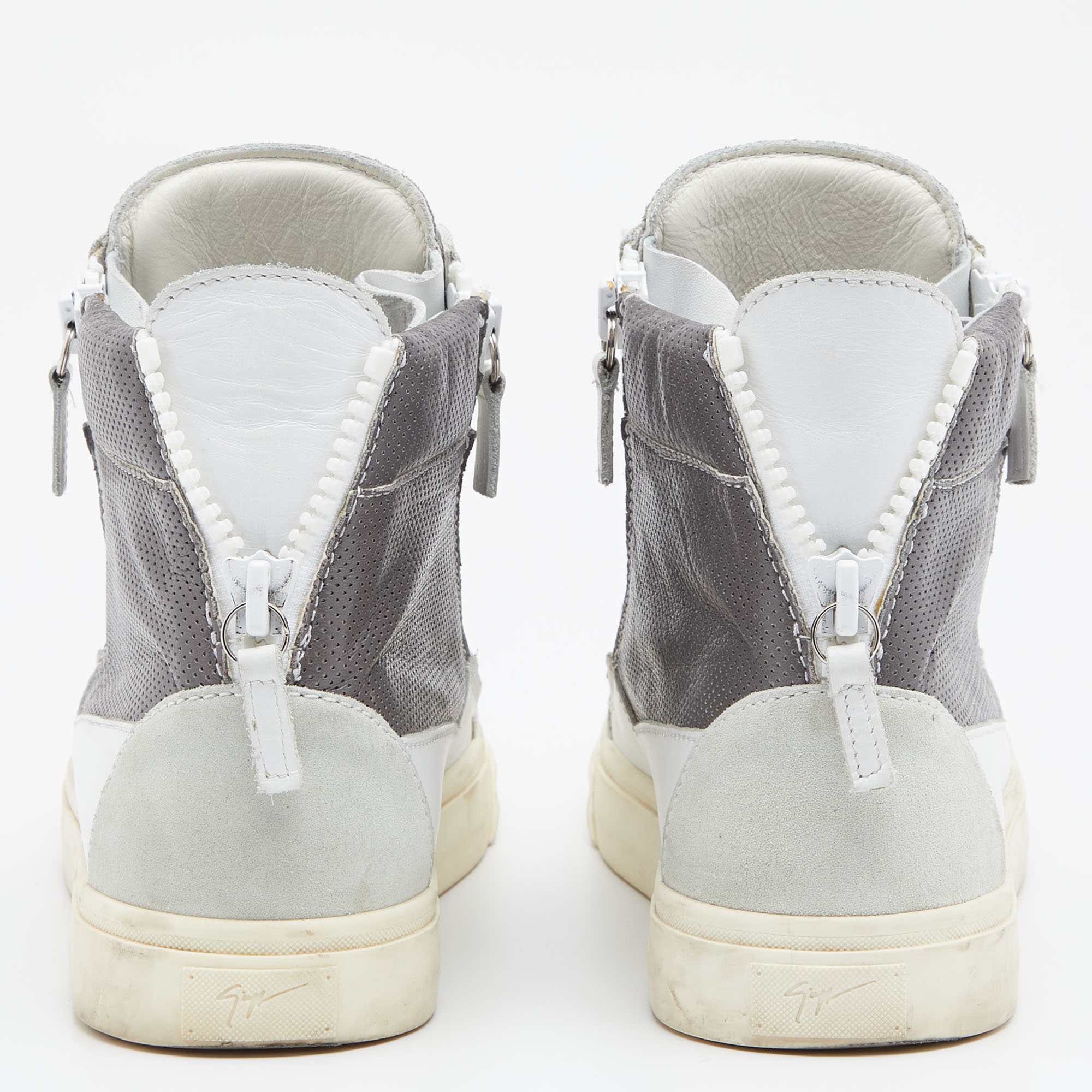 Giuseppe Zanotti Grey/White Perforated Leather And Suede Double Zip High Top Sneakers Size 40