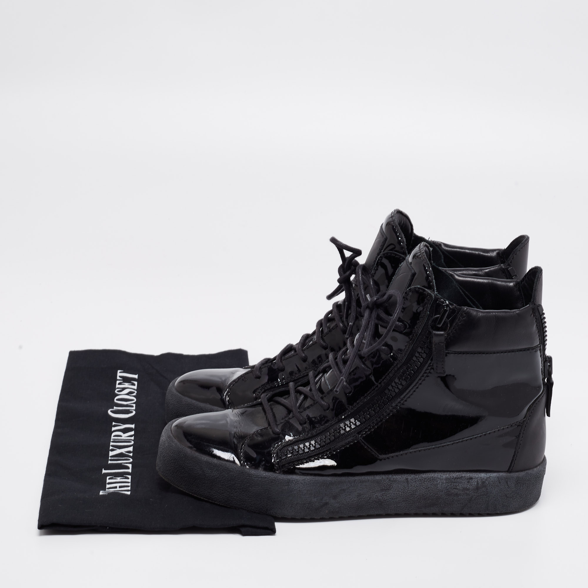 Giuseppe Zanotti Black Leather And Patent Double Zipper High Top Sneakers Size 41
