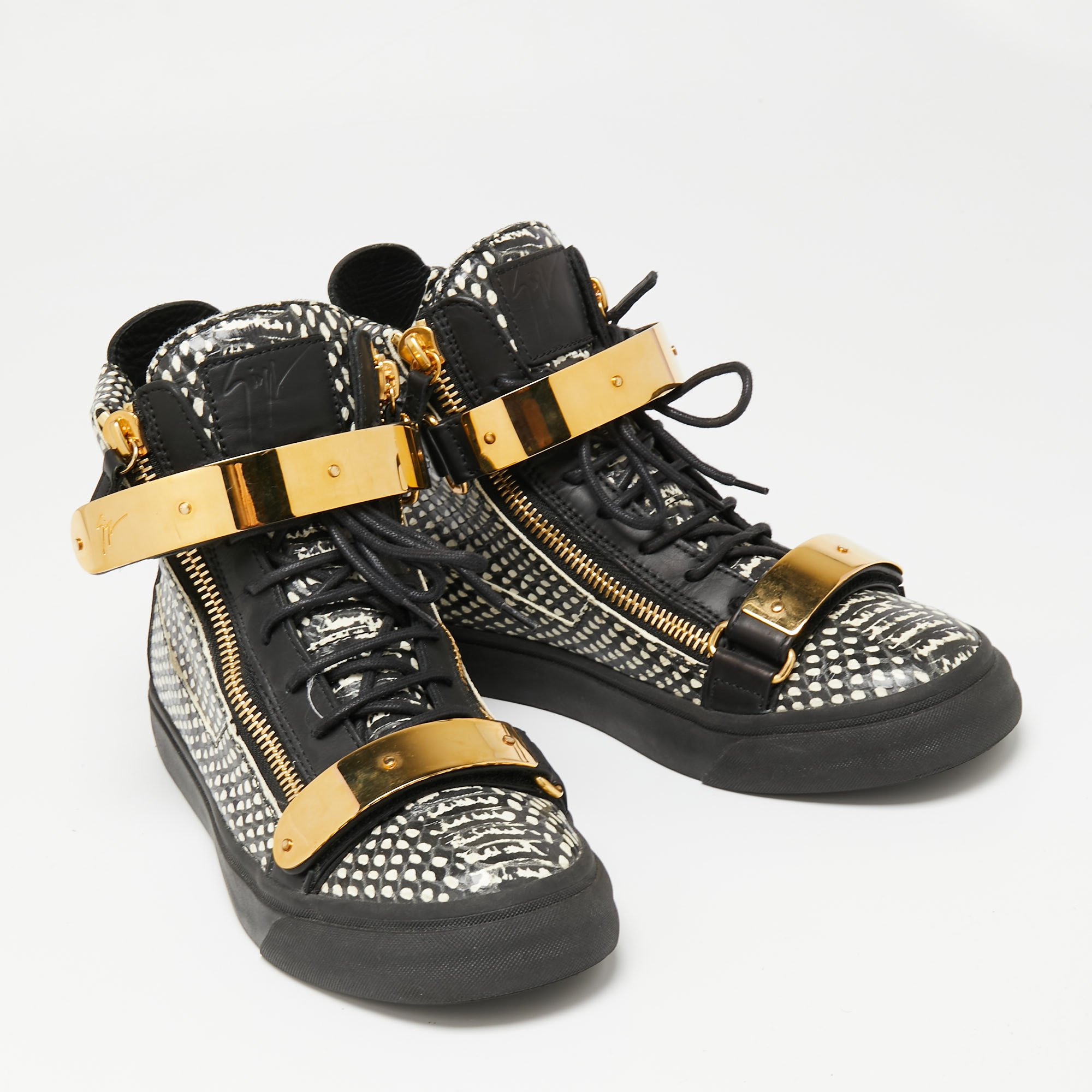 Giuseppe Zanotti Black/White Snakeskin Embossed And Leather High Top Double Zip Sneakers Size 40
