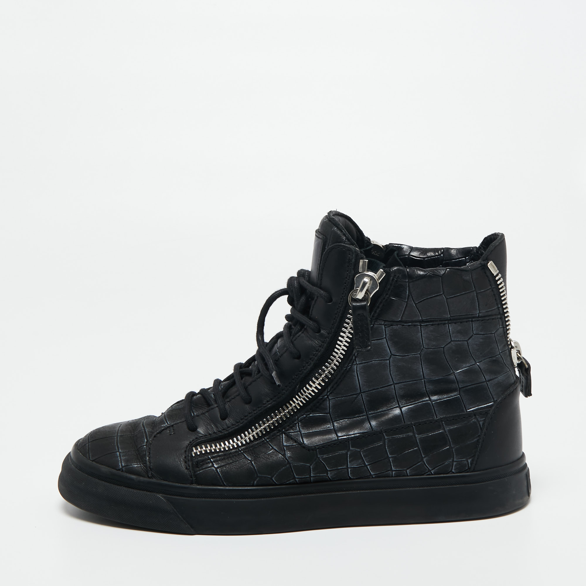 Giuseppe zanotti black croc embossed leather london high top sneakers size 41