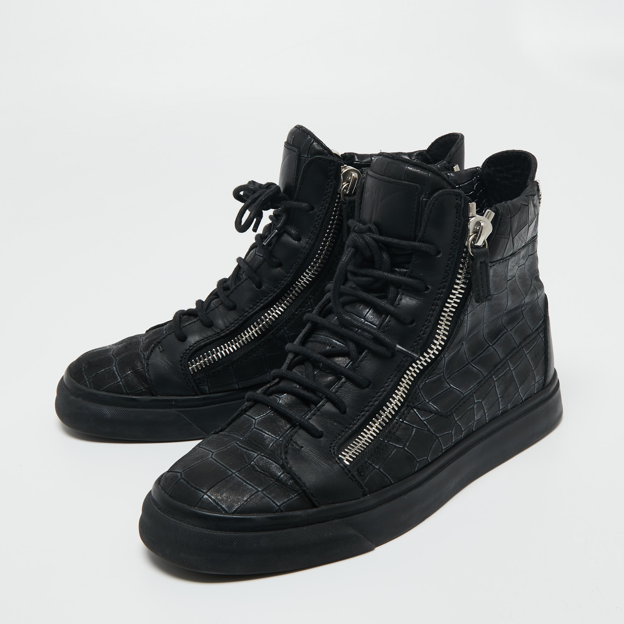 Giuseppe Zanotti Black Croc Embossed Leather London High Top Sneakers Size 41