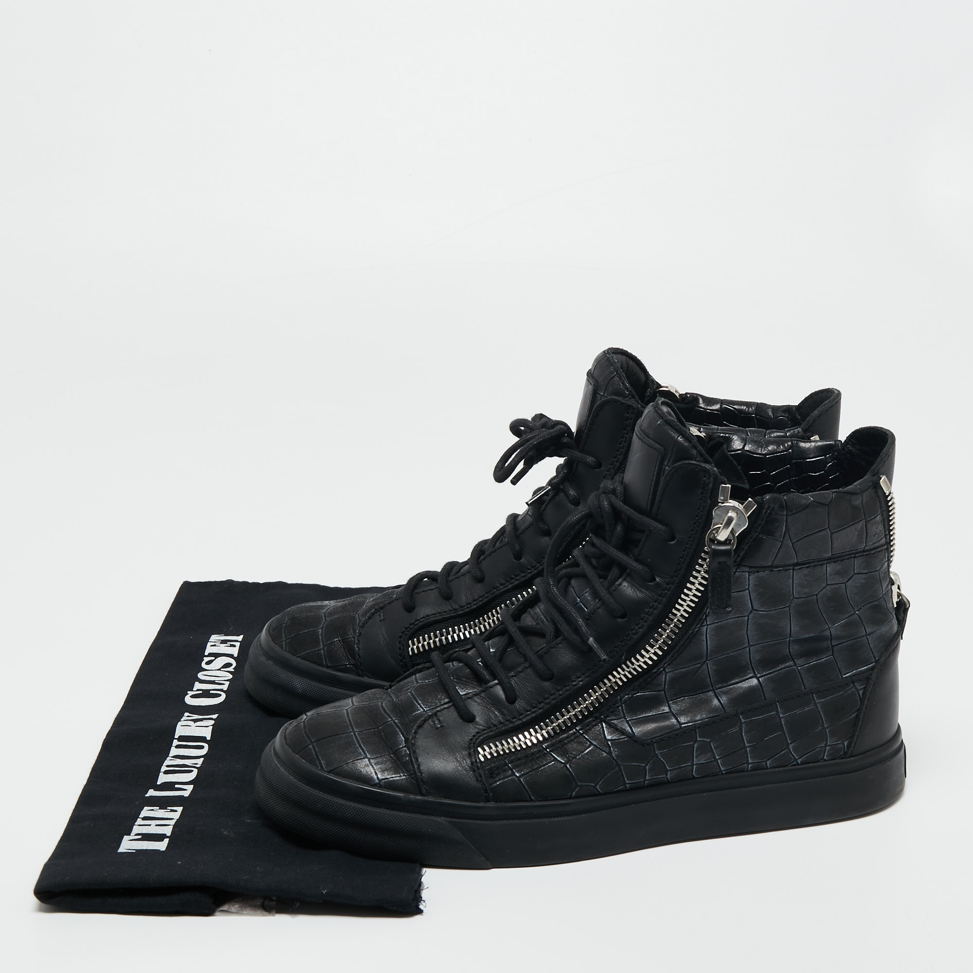 Giuseppe Zanotti Black Croc Embossed Leather London High Top Sneakers Size 41