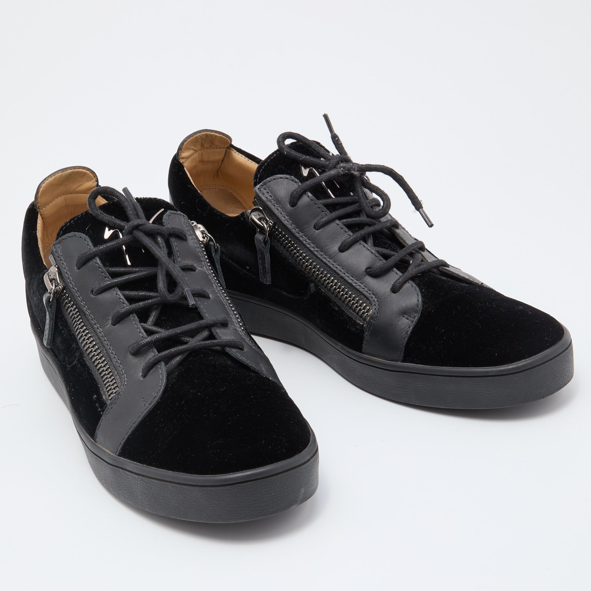 Giuseppe Zanotti Black Leather And Velvet Frankie Low Top Sneakers Size 44