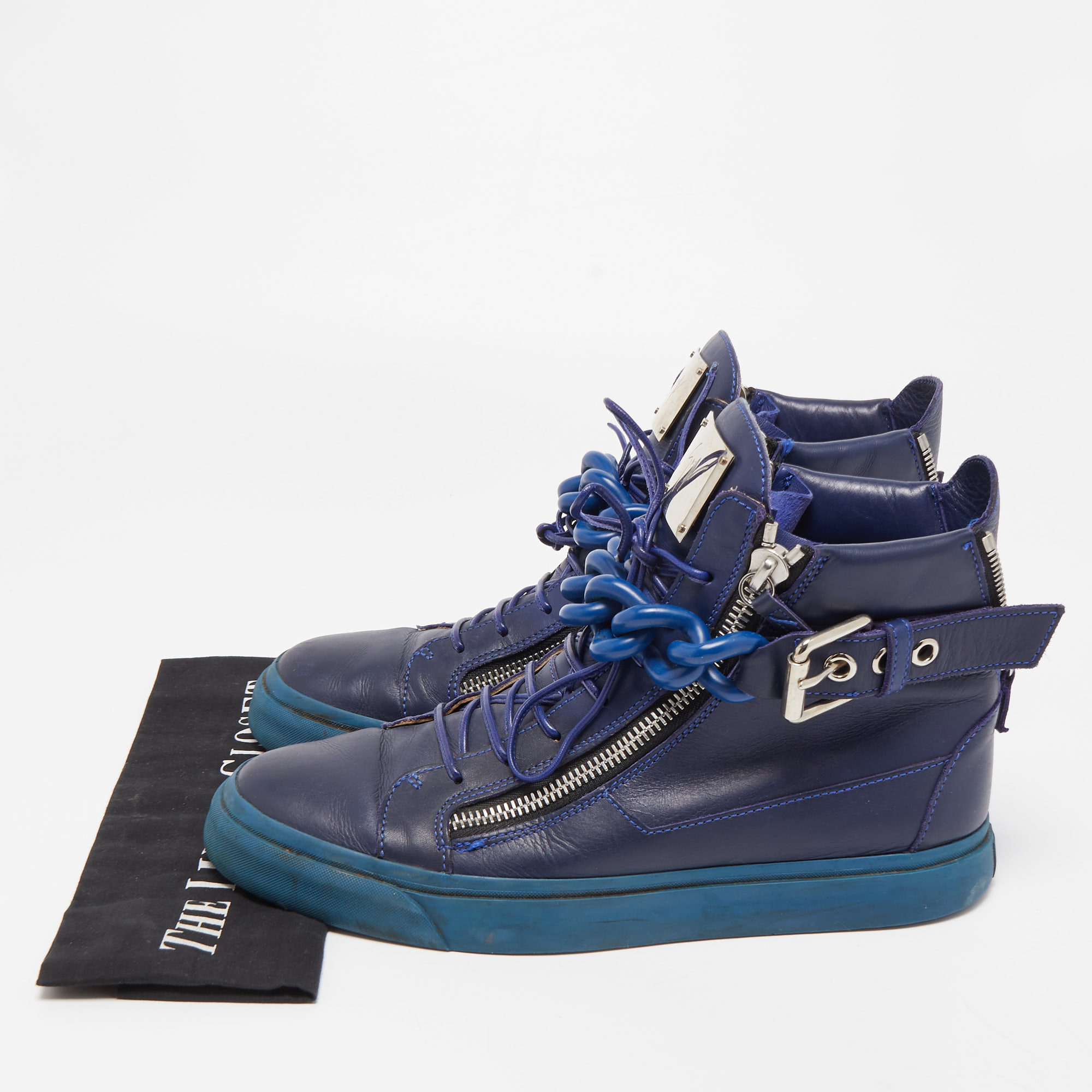 Giuseppe Zanotti Blue Leather Chain Detail High Top Sneakers Size 44