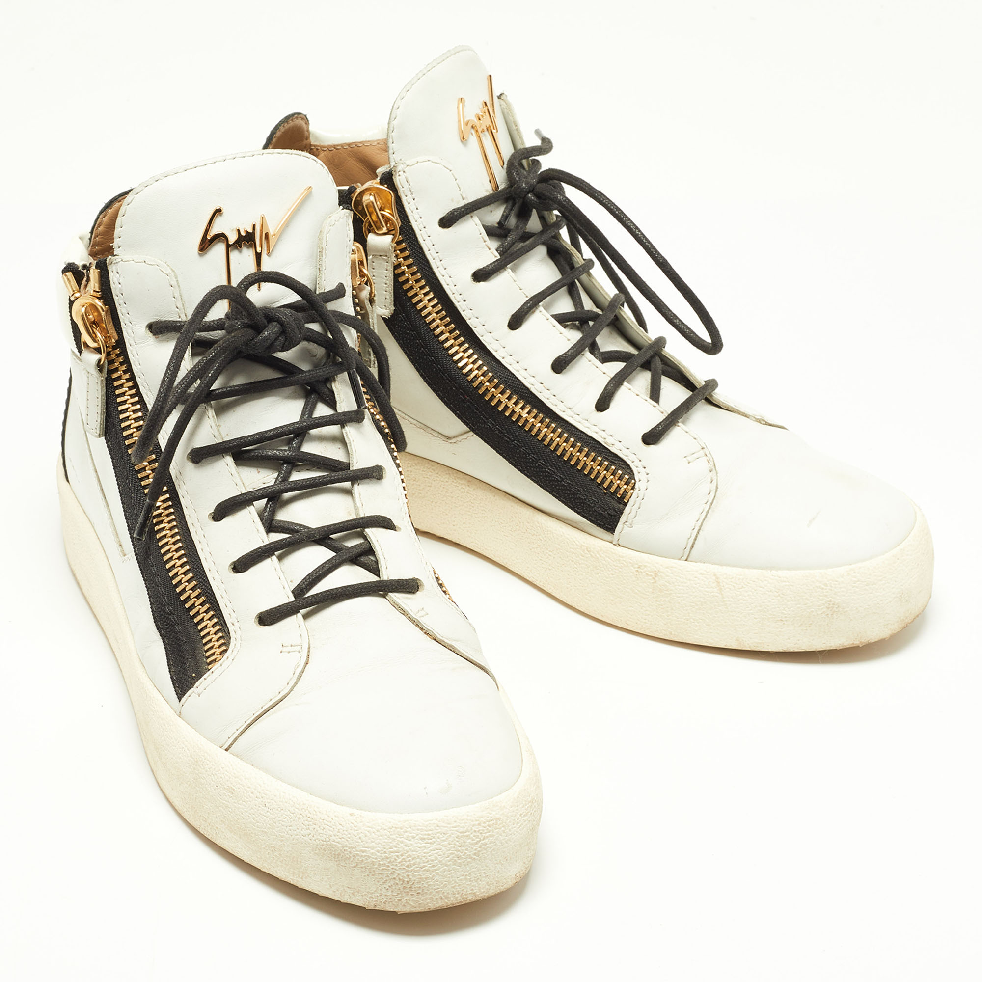 Giuseppe Zanotti White/Black Leather Double Zip Sneakers Size 41.5