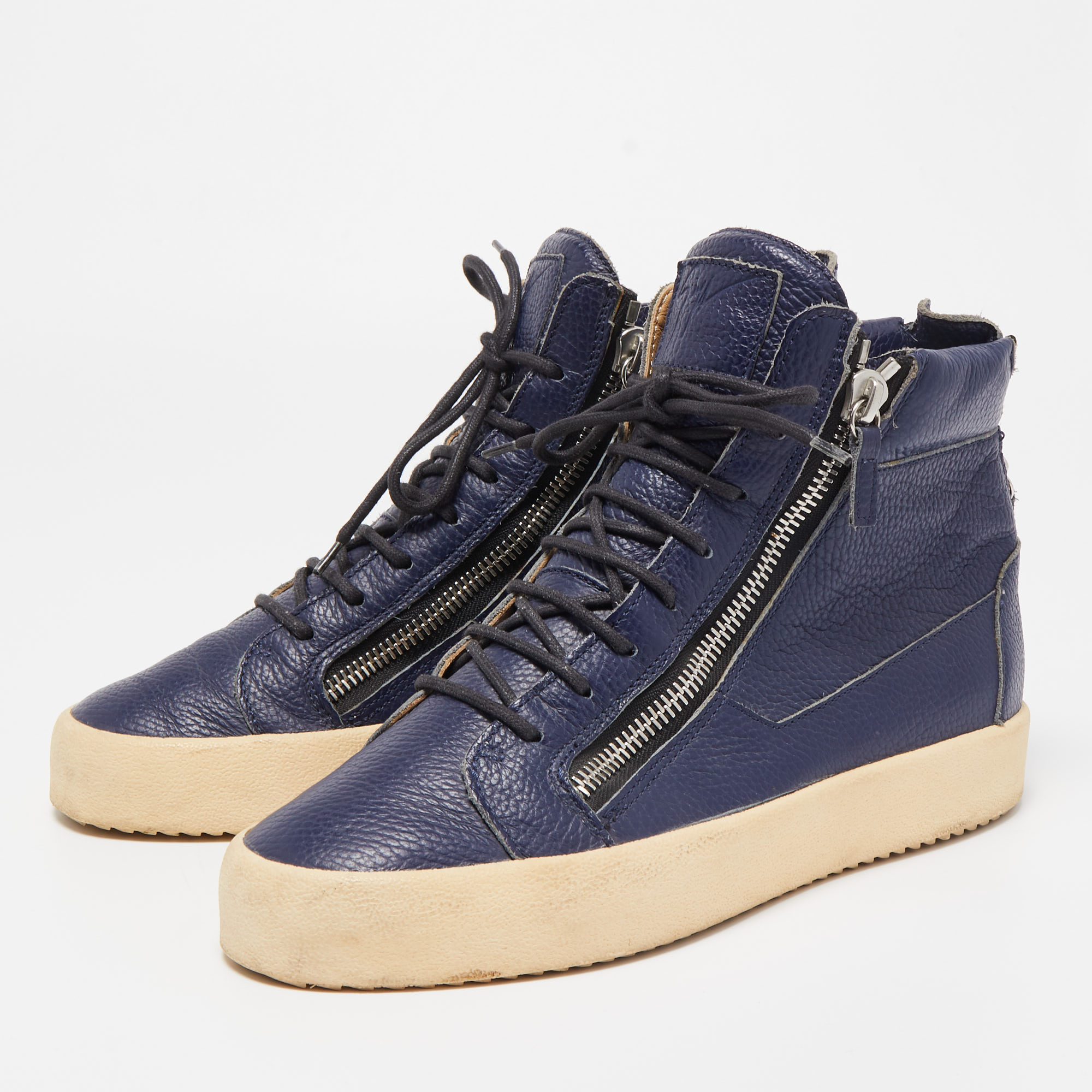 Giuseppe Zanotti Navy Blue Leather High Top Sneakers Size 43