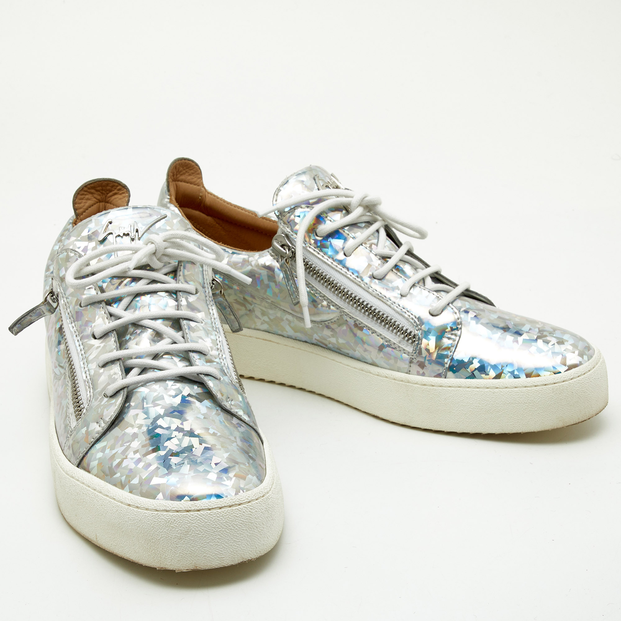 Giuseppe Zanotti Silver Holographic Leather Gail Lace Up Sneakers Size 45