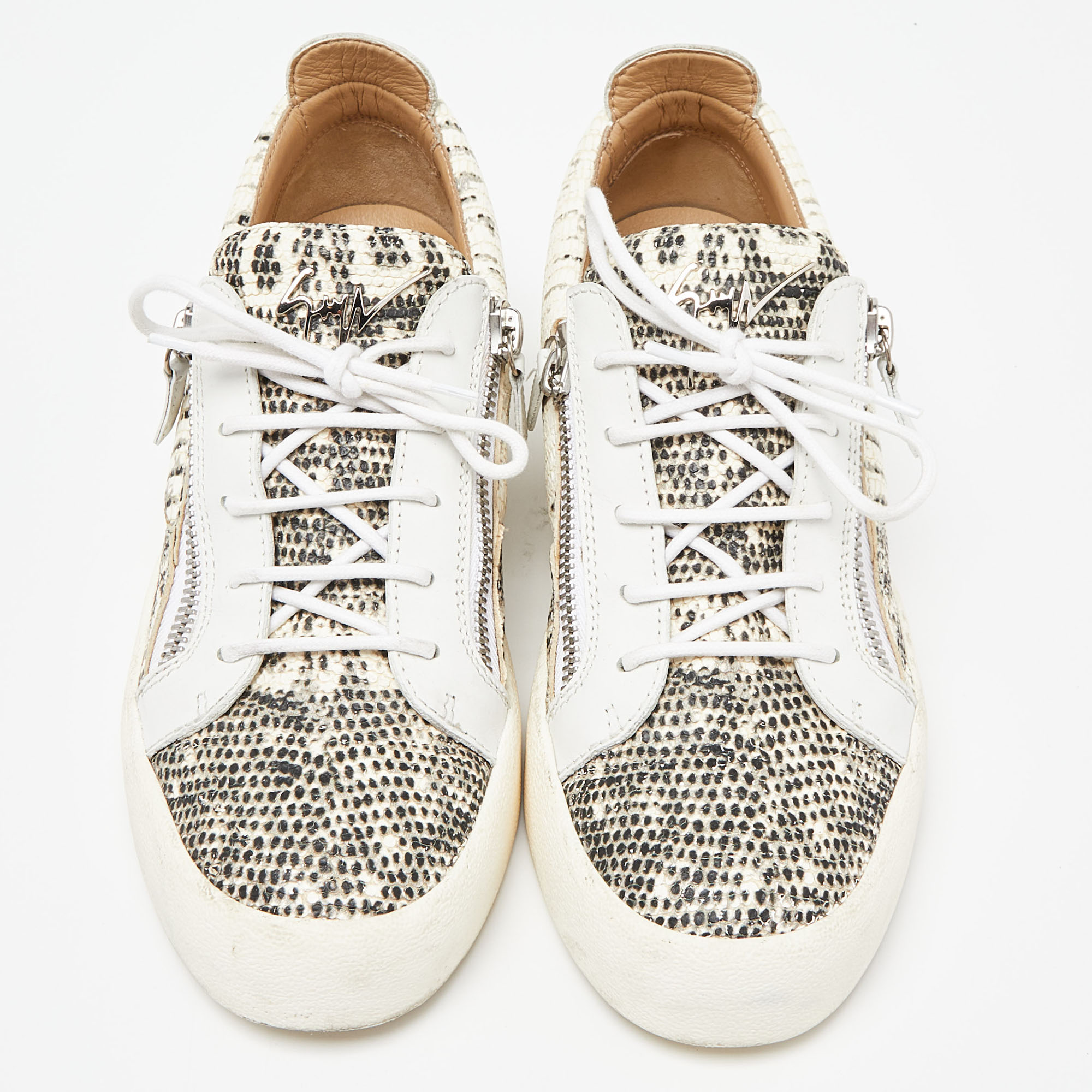 Giuseppe Zanotti White/Beige Lizard Embossed And Leather Frankie Sneakers Size 43