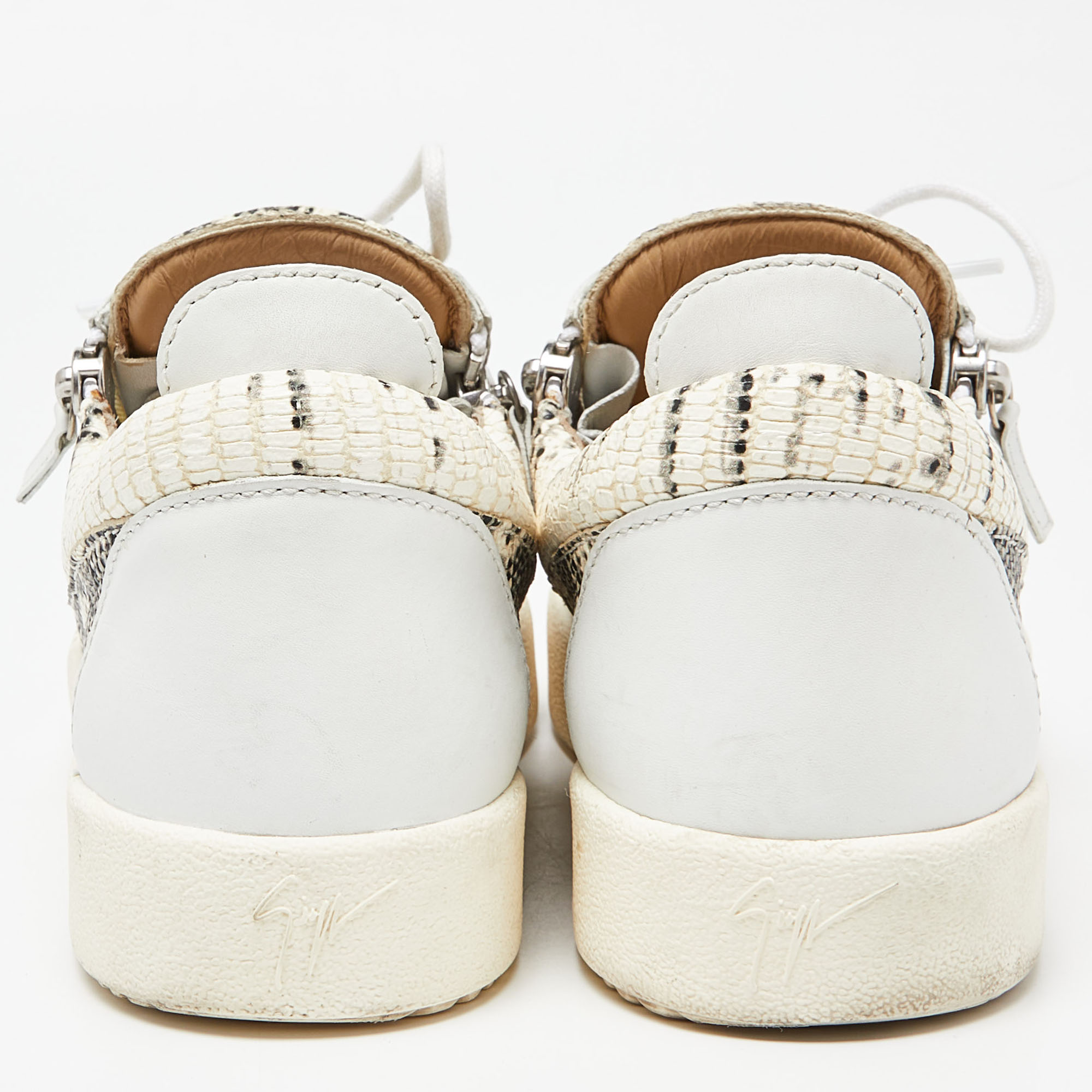 Giuseppe Zanotti White/Beige Lizard Embossed And Leather Frankie Sneakers Size 43