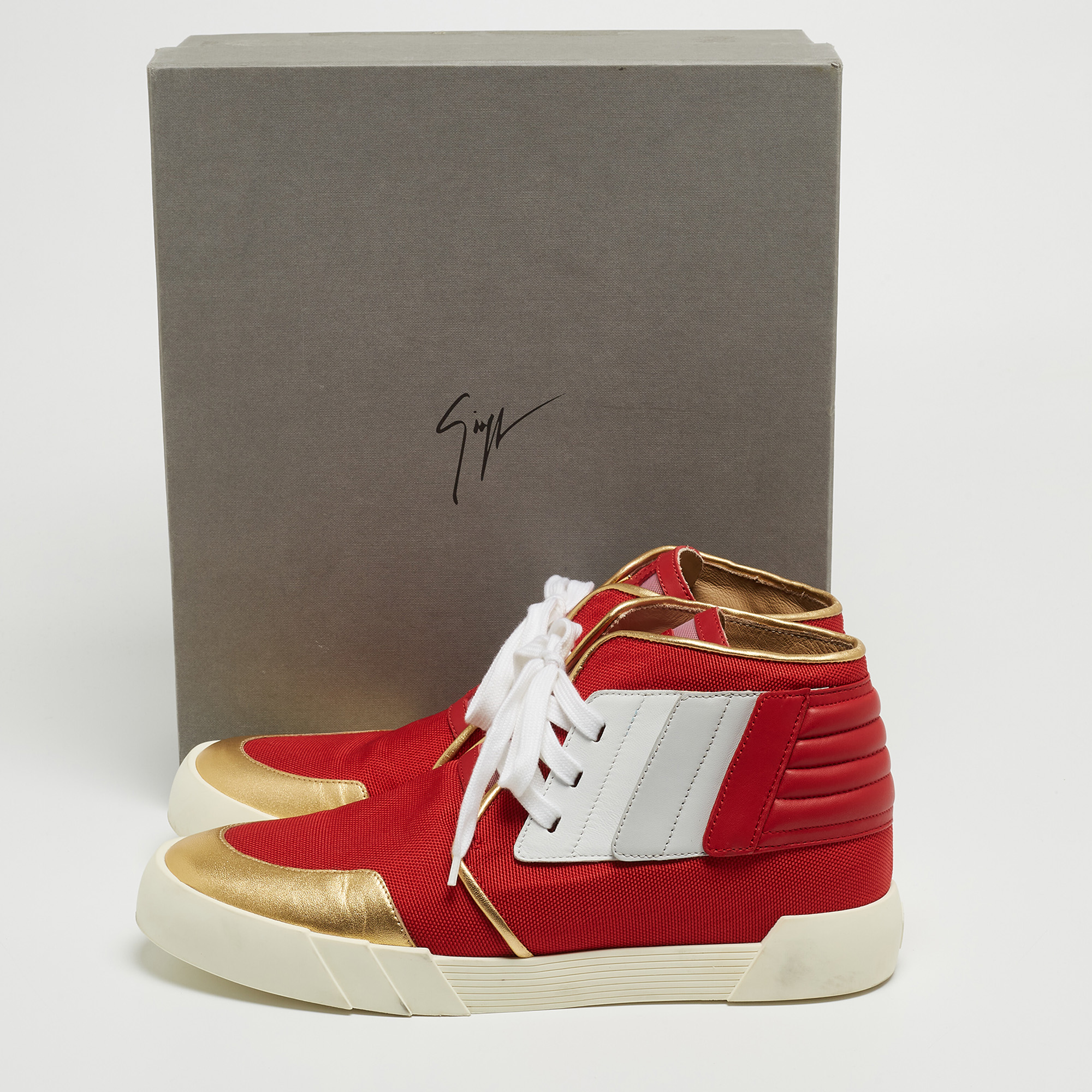 Giuseppe Zanotti Red/Gold Canvas And Leather Foxy London High Top Sneakers Size 45