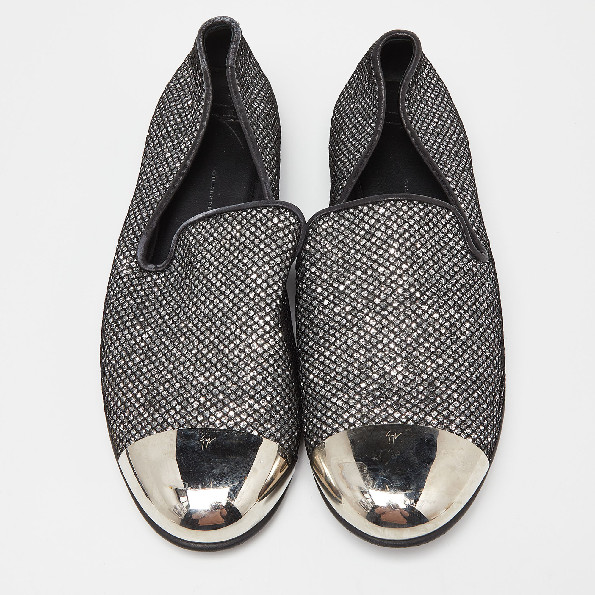 Giuseppe Zanotti Silver Mesh And Glitter Slip On Loafers Size 40.5