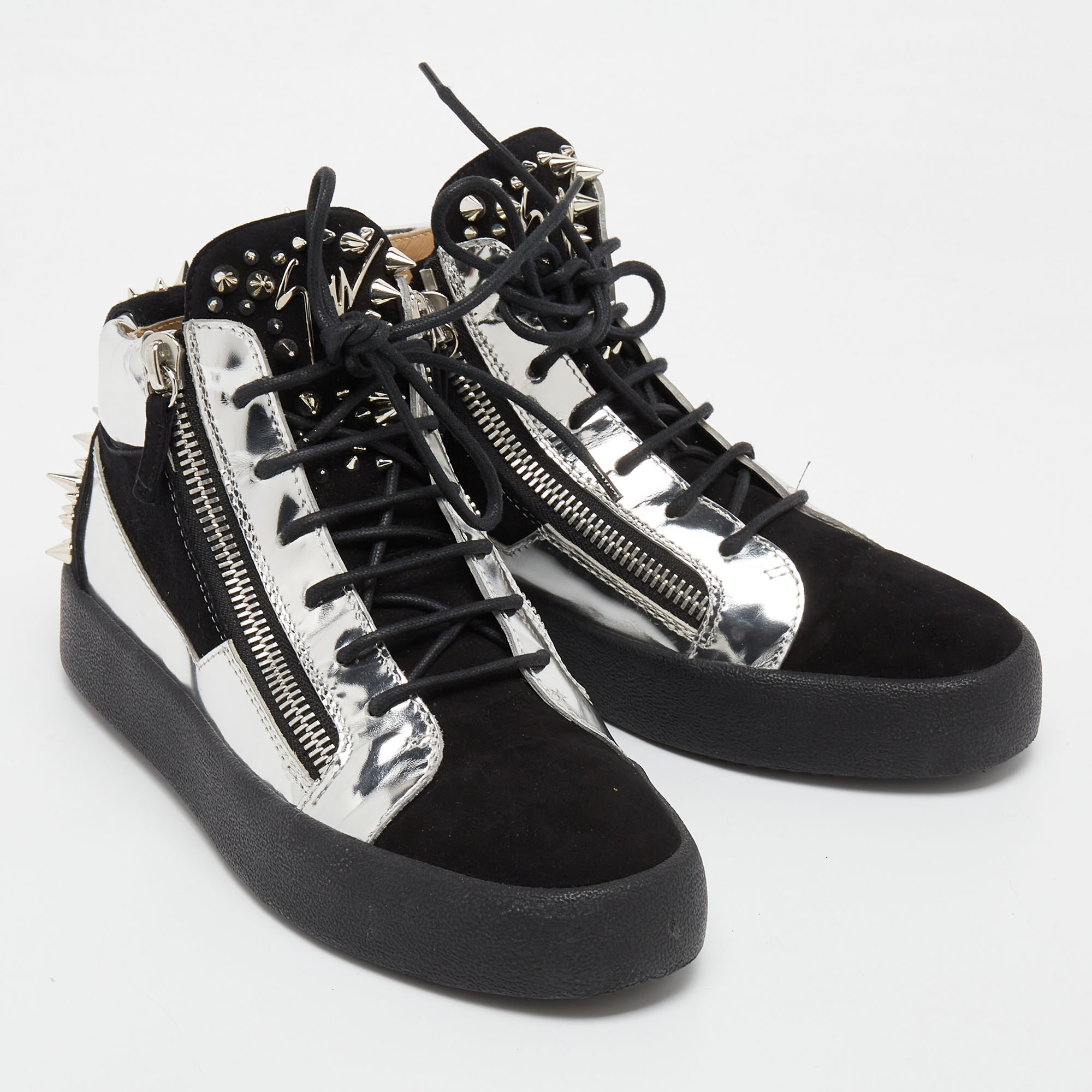Giuseppe Zanotti Black/Silver Suede And Patent Leather Studded Jimbo Mid Top Sneakers Size 40