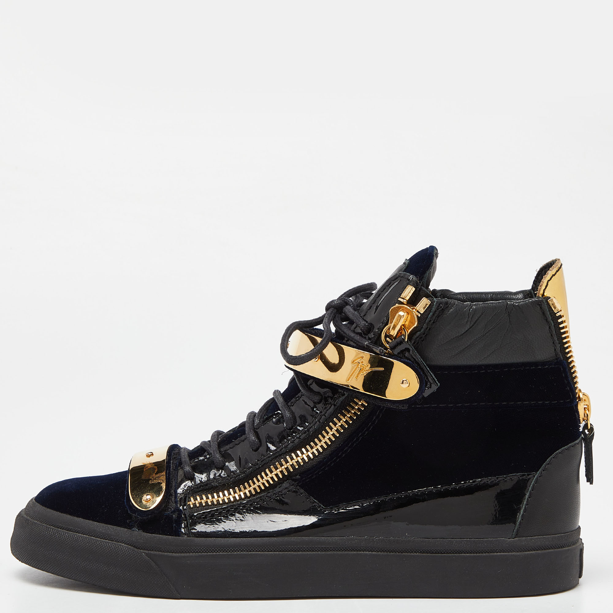 Giuseppe zanotti navy blue/black velvet and leather coby high top sneakers size 39.5