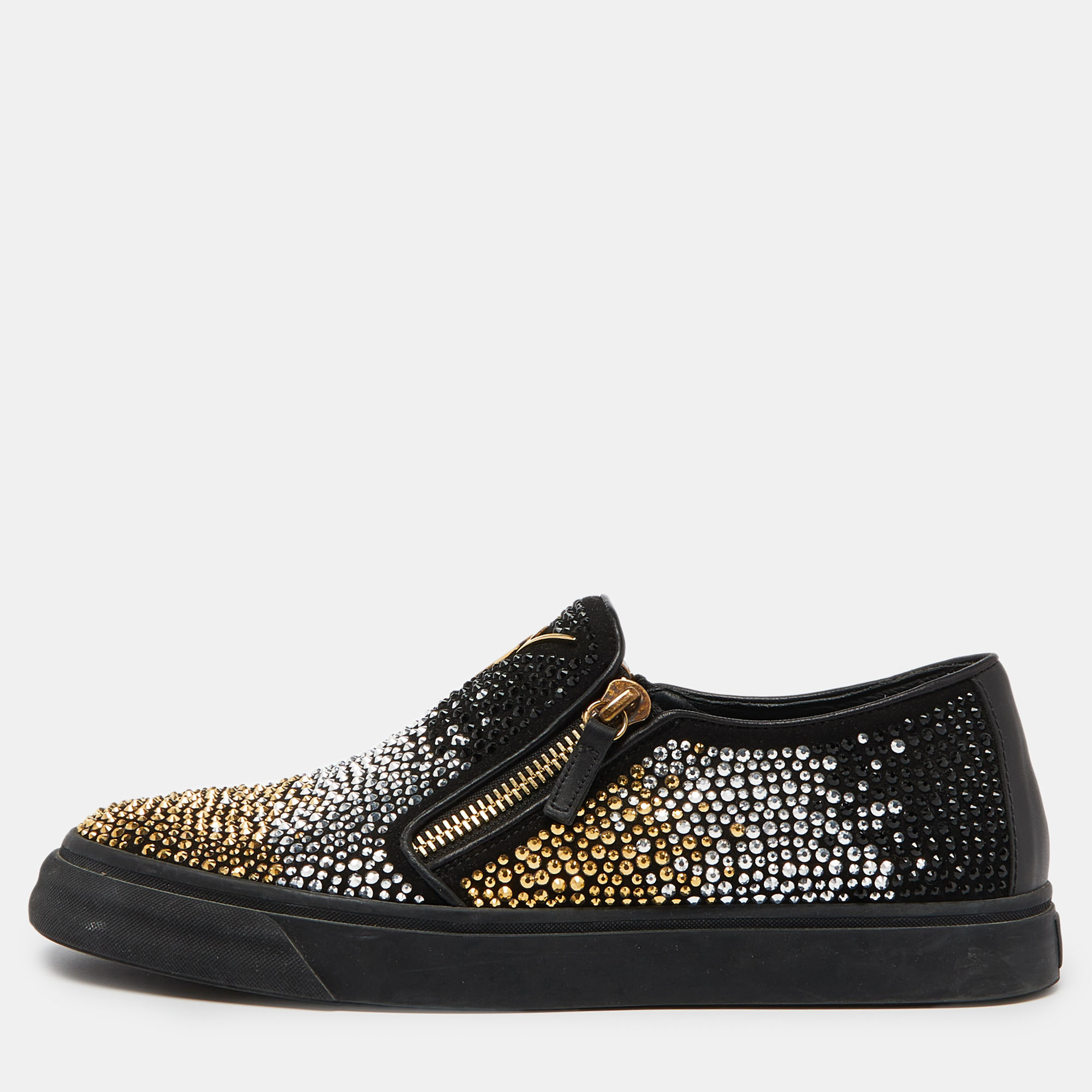 Giuseppe zanotti black suede and leather crystal embellished eve slip on sneakers size 43