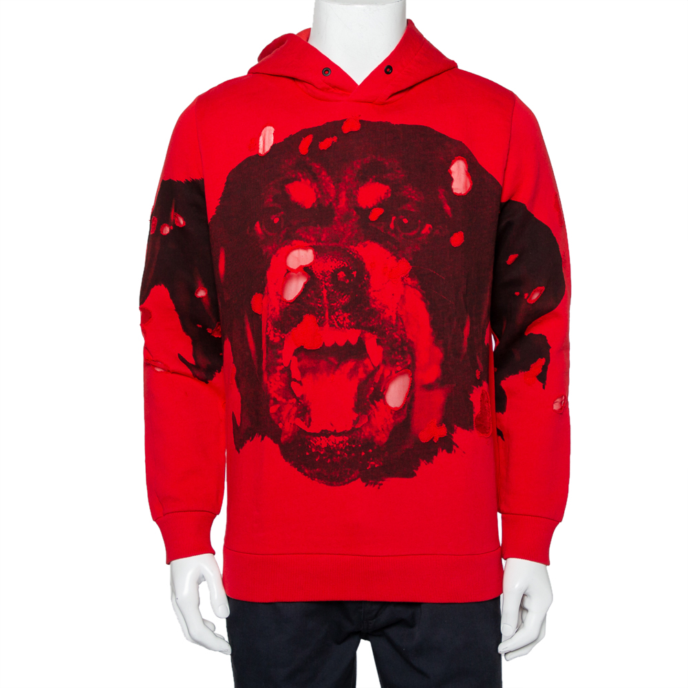 Givenchy Red Cotton Rottweiler Printed Distressed Hoodie S