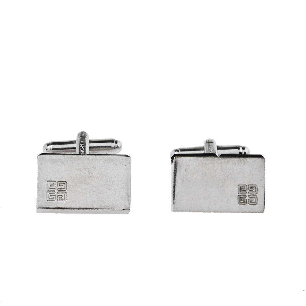 Givenchy Silver Tone Crystal Embedded Rectangle Cufflinks male