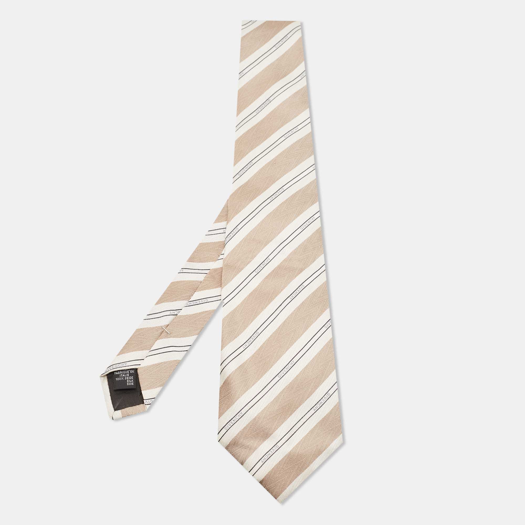 Givenchy Beige Logo Diagonal Striped Silk Tie