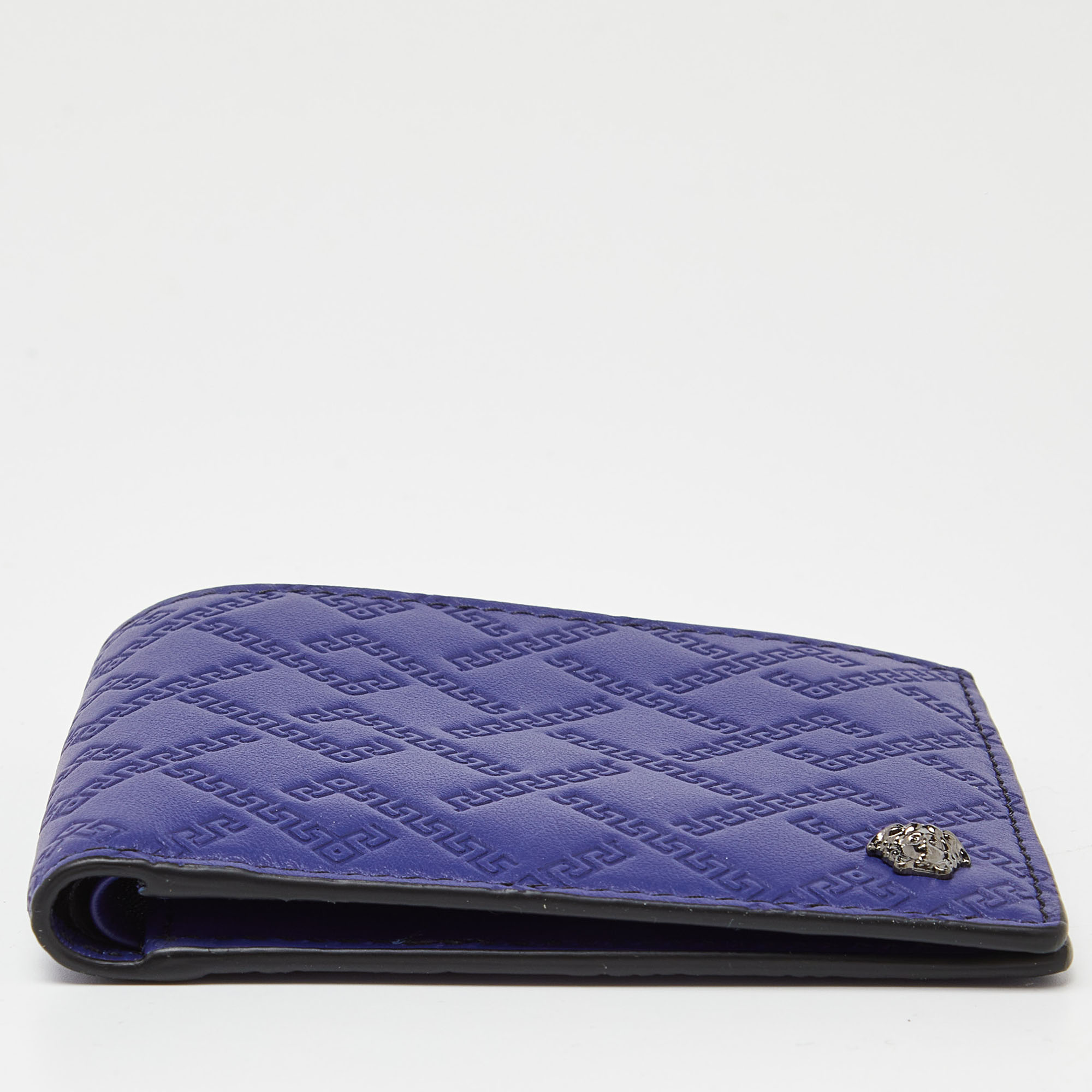 Versace Indigo Greca Embossed Leather Bifold Wallet