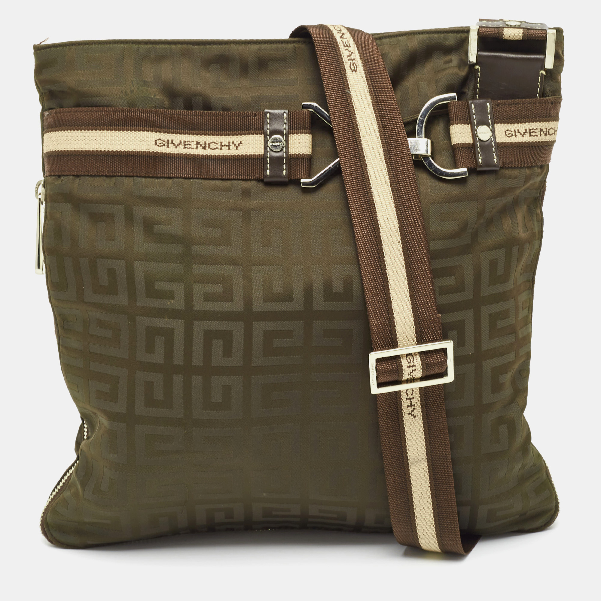 Givenchy Brown/Olive Green Signature Nylon Zip Around Messenger Bag