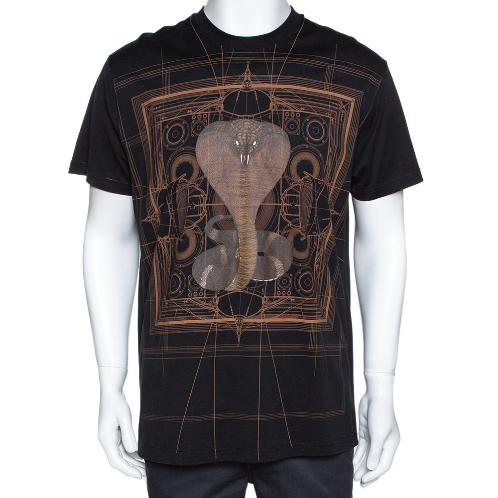 Image of Givenchy Black Cotton Cobra Print Round Neck T Shirt XS